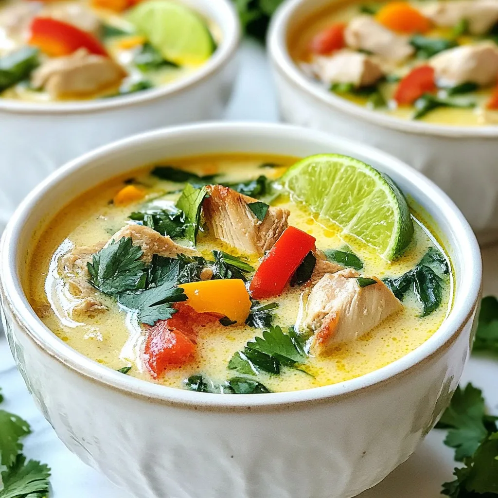 - 1 lb boneless, skinless chicken thighs - 1 can coconut milk - 4 cups chicken broth The main ingredients give this soup its rich and creamy taste. The chicken thighs add protein and flavor. Coconut milk brings a creamy texture and sweet taste. The chicken broth enhances the overall flavor. - Small onion, garlic cloves, ginger - Red bell pepper, baby spinach The onion, garlic, and ginger create a fragrant base. They add depth to the soup. Red bell pepper adds a sweet crunch. Baby spinach gives a fresh touch and bright color. - Fish sauce, fresh lime juice, brown sugar - Fresh cilantro, lime wedges for serving Fish sauce boosts umami flavor. Fresh lime juice adds a zing. Brown sugar balances the tartness. Cilantro gives a fresh finish, while lime wedges offer a bright burst when served. {{ingredient_image_1}} Heat 1 tablespoon of olive oil in a large pot. Add 1 pound of diced chicken thighs. Season with salt and pepper. Cook until the chicken is brown, about 5 to 7 minutes. Remove the chicken from the pot and set it aside. In the same pot, add 1 small, finely chopped onion, 3 minced garlic cloves, and 1 inch of grated ginger. Sauté these for 3 to 4 minutes until you smell their nice aroma and the onion turns clear. Next, add 1 diced red bell pepper and cook for 2 more minutes, stirring often. Pour in 1 can of coconut milk and 4 cups of chicken broth. Stir to mix well. Bring the soup to a gentle simmer. Return the cooked chicken to the pot. Add 2 tablespoons of fish sauce, 2 tablespoons of fresh lime juice, and 1 tablespoon of brown sugar. Stir everything well and let it simmer for about 10 minutes. Just before you serve, stir in 1 cup of baby spinach. Cook until the spinach wilts, which takes about 1 to 2 minutes. Taste your soup and adjust the seasoning with more salt, pepper, or lime juice, as needed. Ladle the soup into bowls and garnish with fresh cilantro and lime wedges on the side. To achieve the best flavor in your Coconut Lime Chicken Soup, focus on fresh ingredients. Use ripe limes and high-quality coconut milk. The lime juice adds brightness, while the coconut milk gives creaminess. You can also enhance the flavor by letting the soup simmer longer. This helps the chicken soak in all the flavors. Adjusting spice levels to taste is simple. Start with a small amount of fish sauce. Taste as you go. If you prefer more heat, add red pepper flakes or fresh chili. Always remember, you can add more spice, but you can't take it away. For cooking chicken thighs, use medium heat. This prevents burning while allowing a nice sear. Brown the chicken for about 5-7 minutes before removing it. This step builds flavor. Don't rush this part; it's worth the wait! When sautéing vegetables, add them in the right order. Start with the onion, garlic, and ginger. This step creates a fragrant base. Add the red bell pepper next. Sauté for only a couple of minutes. You want the peppers to stay crisp and colorful. Pair your soup with crusty bread or rice. Both options soak up the soup's rich flavors. You can also serve it with a side salad for a fresh contrast. For an appealing presentation, use deep bowls. The bright colors of the soup look great against white or light-colored dishes. Garnish with fresh cilantro and lime wedges. These add a pop of color and freshness. Enjoy the comforting warmth of your Coconut Lime Chicken Soup! Pro Tips Marinate for Flavor: Consider marinating the chicken thighs in lime juice and garlic for 30 minutes before cooking. This enhances the flavor and tenderness of the chicken. Adjust the Thickness: If you prefer a thicker soup, mix a tablespoon of cornstarch with a bit of cold water and stir it into the soup during the last few minutes of cooking. Fresh Herbs Matter: For a burst of freshness, add extra cilantro as a garnish or mix in some fresh basil or mint for a unique twist. Serve with Rice: This soup pairs wonderfully with a side of jasmine rice or rice noodles to make it more filling. {{image_2}} You can easily switch up the main protein in this soup. If you want a plant-based option, swap chicken for tofu. Tofu absorbs flavors well, making it a great choice. Shrimp is another tasty alternative. It cooks fast and adds a nice texture. You can also change the veggies in this soup. Try adding carrots for sweetness or snap peas for a crunchy bite. These swaps keep the soup fresh and exciting. To boost the flavor, think about adding spices. Cumin gives a warm taste, while chili flakes add heat. Both spices work well with the coconut and lime. You can also switch the lime for lemon. Lemon adds a bright, zesty taste. It changes the soup while keeping it light and refreshing. This soup is easy to make gluten-free. Just make sure the fish sauce and chicken broth are gluten-free. Many brands offer these options. For dairy-free needs, this soup is already safe. Coconut milk provides creaminess without dairy. If you need to avoid any allergens, check labels. You can always ask your grocery store for help. To keep your Coconut Lime Chicken Soup fresh, store it in the fridge. Place the soup in an airtight container. This helps keep out air and moisture. You can also use glass jars with tight lids. Make sure to cool the soup to room temperature before sealing. This prevents condensation inside the container. Want to save some soup for later? You can freeze Coconut Lime Chicken Soup. First, let it cool completely. Then, pour it into freezer-safe bags or containers. Leave some space at the top for expansion. When you want to eat it, thaw the soup overnight in the fridge. Reheat it on the stove over low heat. Stir often to make sure it warms evenly. Coconut Lime Chicken Soup lasts about 3-4 days in the fridge. If you freeze it, it can last for about 2-3 months. Always check for signs of spoilage before eating. If the soup smells sour or has a strange color, it’s best to throw it out. Keeping your soup stored correctly helps ensure it stays tasty and safe to eat. Yes, Coconut Lime Chicken Soup is healthy. It packs a lot of nutrients. The main ingredients, such as chicken, spinach, and coconut milk, provide protein, vitamins, and healthy fats. - Chicken thighs: Great source of protein and iron. - Spinach: Rich in vitamins A and C, plus antioxidants. - Coconut milk: Contains healthy fats that support heart health. This soup can fit well into a balanced diet. You get flavor and nutrients in every spoonful. Yes, you can make Coconut Lime Chicken Soup ahead of time. Meal prep saves time and makes weeknight dinners easy. - Cook and cool: Let the soup cool before storing. - Refrigerate: Store in an airtight container for up to three days. - Reheat: Warm it on the stove, adding a splash of broth if needed. Soup tastes even better after the flavors meld together. You can pair Coconut Lime Chicken Soup with several side dishes. - Rice: Jasmine or basmati rice works well. - Naan: Soft bread is perfect for dipping. - Salad: A light citrus salad can balance the soup's richness. These sides add more texture and flavor to your meal. Adjusting Coconut Lime Chicken Soup for a slow cooker is simple and easy. - Sear chicken: Brown the chicken thighs in a pan first for extra flavor. - Combine ingredients: Add all ingredients to the slow cooker, except spinach and lime. - Cook low and slow: Set on low for 6-8 hours or high for 3-4 hours. Add spinach just before serving to keep it fresh. Enjoy a warm and hearty meal with minimal effort! Coconut Lime Chicken Soup combines rich flavors and simple ingredients. You make it with chicken, coconut milk, fresh veggies, and key spices. You can adjust seasonings, swap proteins, or explore new flavors to fit your taste. This soup is not just tasty; it's a versatile meal for you and your family. Store leftovers safely for meal prep or freeze for easy future meals. Try this recipe, and share your own twists. Enjoy the comforting warmth of this dish tonight!