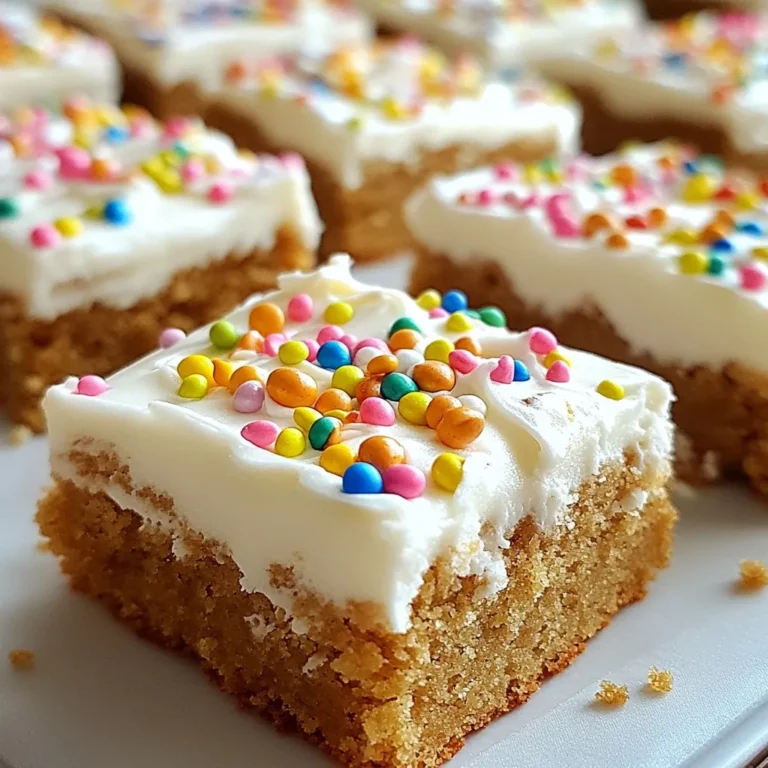 To make these gingerbread cookie bars, you need the following ingredients: - 2 ½ cups all-purpose flour - 2 teaspoons ground ginger - 1 teaspoon ground cinnamon - ½ teaspoon ground nutmeg - ½ teaspoon baking soda - ½ teaspoon salt - ¾ cup unsalted butter, softened - 1 cup brown sugar, packed - ½ cup molasses - 1 large egg - 1 teaspoon vanilla extract - 1 cup powdered sugar (for frosting) - 2-3 tablespoons milk (for frosting) - Sprinkles or crushed candies (optional, for topping) These ingredients create a warm and cozy flavor that you will love. Sometimes, you may not have all the ingredients. Here are some easy swaps: - All-purpose flour: Use whole wheat flour for a healthier option. - Brown sugar: Honey or maple syrup can replace brown sugar. Use less since they are sweeter. - Molasses: You can use dark corn syrup if you don’t have molasses. - Egg: A flaxseed or chia seed mixture works well as an egg substitute. These substitutions keep your bars tasty and fun! To make your bars even more special, you can add frosting and toppings. Here’s what you need: - Frosting: Mix 1 cup powdered sugar with 2-3 tablespoons milk until smooth. - Toppings: Use colorful sprinkles or crushed candies for a festive look. These decorations add a joyful touch to your gingerbread cookie bars! {{ingredient_image_1}} Start by preheating your oven to 350°F (175°C). This step ensures even baking. Take a 9x13-inch baking pan. Grease it lightly or line it with parchment paper. This helps with easy removal later. In a medium bowl, combine the dry ingredients. Add 2 ½ cups of flour, 2 teaspoons of ground ginger, 1 teaspoon of ground cinnamon, ½ teaspoon of ground nutmeg, ½ teaspoon of baking soda, and ½ teaspoon of salt. Whisk them together and set the bowl aside. Now, in a large bowl, beat ¾ cup of softened unsalted butter with 1 cup of packed brown sugar. Mix until it is light and fluffy. Then, mix in ½ cup of molasses, 1 large egg, and 1 teaspoon of vanilla extract. Stir well until everything is combined. Gradually add the dry mixture to the wet ingredients. Mix gently until just combined. Do not overmix, as this can make the bars tough. Spread the gingerbread batter evenly into your prepared pan. Use a spatula to smooth the top. Place the pan in the oven and bake for 20-25 minutes. To check if they are ready, insert a toothpick into the center. If it comes out clean, they are done. Once baked, let the bars cool in the pan for about 10 minutes. Then, move them to a wire rack to cool completely. This cooling time is key for perfect texture. Baking can be tricky, but I’ve got your back. Here are some common mistakes to watch for: - Not measuring flour properly: Use the spoon and level method. This helps you avoid packing too much flour. Too much flour makes bars dry. - Skipping the baking soda: This ingredient helps the bars rise. Don’t forget it! - Not cooling before frosting: Frosting warm bars can make it runny. Let them cool first for the best look. Frosting can make or break your bars. Here’s how to get it just right: - Start with powdered sugar: Use 1 cup of powdered sugar. It’s the base of a good frosting. - Add milk slowly: Start with 2 tablespoons of milk. Mix until smooth. If it’s too thick, add more milk a little at a time. - Spread it evenly: Use a spatula to cover all the bars well. Be gentle to keep the bars intact. Cutting and serving your gingerbread bars can be simple. Here’s how: - Use a sharp knife: A sharp knife helps you cut clean lines. This makes them look nice on a plate. - Cut when cool: Wait until the bars are completely cool. This prevents them from crumbling. - Serve with style: You can add sprinkles or crushed candies on top. This makes the bars more festive and fun! Pro Tips Chill the Dough: For a firmer texture, chill the gingerbread batter for 30 minutes before spreading it in the pan. This helps the bars maintain their shape while baking. Experiment with Spices: Feel free to add or substitute spices like allspice or cloves for a unique flavor profile that suits your taste. Frosting Consistency: Adjust the amount of milk in the frosting to achieve your preferred consistency—thicker for spreading or thinner for drizzling. Storage Tips: Store the cooled gingerbread bars in an airtight container at room temperature for up to a week, or refrigerate for longer freshness. {{image_2}} You can change the flavor of your gingerbread cookie bars. Try adding spices like cloves or cardamom for warmth. If you want a twist, add orange zest or lemon zest. For a sweeter touch, mix in chocolate chips or dried fruit. You can even make them spicier by adding more ground ginger or cinnamon. For a gluten-free version, swap all-purpose flour with a gluten-free blend. Look for one that includes xanthan gum. This will help mimic the texture of regular flour. You can also use almond flour or coconut flour. Just remember, these options may change the taste and texture a bit. To make gingerbread cookie bars vegan, replace the egg with flaxseed meal. Mix one tablespoon of flaxseed meal with three tablespoons of water. Let it sit for five minutes to thicken. Use coconut oil or vegan butter instead of regular butter. For the frosting, use plant-based milk and a vegan powdered sugar. These swaps keep the flavors but make them plant-based. To keep your gingerbread cookie bars fresh, store them in an airtight container. Layer parchment paper between bars to prevent sticking. Place the container in a cool, dry spot. They stay good at room temperature for up to one week. If you want them to last longer, consider freezing them. To freeze your gingerbread cookie bars, start by letting them cool completely. Wrap each bar tightly in plastic wrap. Then, place the wrapped bars in a freezer-safe bag or container. They can last in the freezer for up to three months. When you're ready to enjoy, simply take out the desired amount. To reheat your gingerbread cookie bars, preheat your oven to 350°F (175°C). Place the bars on a baking sheet and warm them for about 5-10 minutes. This warms them through and brings back their soft texture. You can also use a microwave for a quick heat-up. Heat them in 10-second bursts until warm. Enjoy your cozy treat! Yes, you can use fresh ginger. Use about one tablespoon of grated fresh ginger. This will give a bright, zesty flavor. Fresh ginger has more moisture, so reduce the liquid in the recipe slightly. You may want to add a little more flour to balance it out. Gingerbread cookie bars last about one week. Store them in an airtight container at room temperature. If you want them to last longer, keep them in the fridge. They will stay fresh for about two weeks when chilled. Yes, you can make gingerbread cookie bars in advance. They taste great after a day or two. Just make sure to cool and frost them before storage. For best flavor, frost them the day you plan to serve them. In this blog post, we explored how to make delicious gingerbread cookie bars. We covered key ingredients and helpful substitutions. You learned step-by-step baking instructions and tips for avoiding mistakes. We discussed fun flavor variations and storage methods too. Now, you’re ready to bake your own bars. With the right tips, your gingerbread cookie bars will impress everyone. Enjoy the process and share your tasty treats!