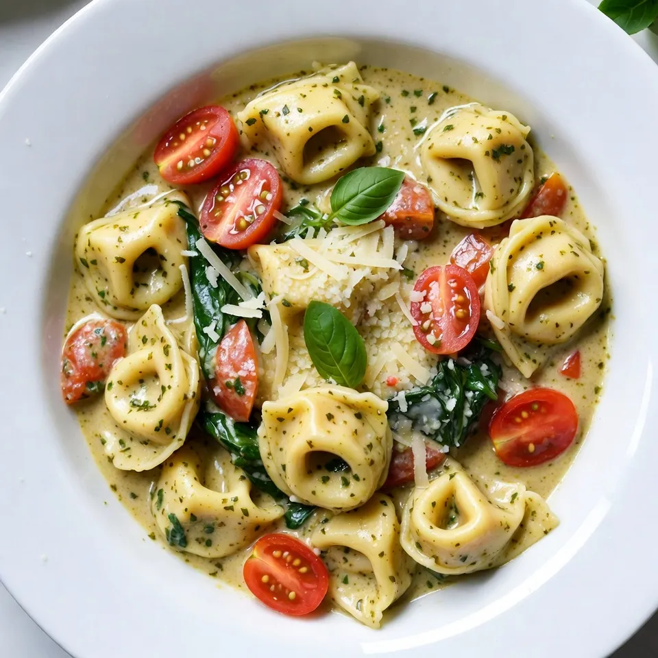 To make Creamy Pesto Tortellini Skillet, gather these ingredients: - 12 oz cheese tortellini (fresh or frozen) - 1 cup heavy cream - 1/2 cup basil pesto - 1 cup cherry tomatoes, halved - 1 cup baby spinach - 1/2 cup grated Parmesan cheese - 2 tablespoons olive oil - 2 cloves garlic, minced - Salt and pepper to taste - Fresh basil leaves for garnish You can add a few garnishes for extra flavor and color: - Extra grated Parmesan cheese - Sliced olives - Toasted pine nuts - Lemon zest If you need to swap some ingredients, here are some ideas: - Use vegan tortellini for a plant-based option. - Substitute coconut cream for a dairy-free version. - Try sun-dried tomato pesto instead of basil pesto for a twist. - Spinach can be swapped with arugula or kale. - If you don’t have Parmesan, use nutritional yeast for a vegan alternative. These simple swaps keep the dish tasty and fun! Enjoy experimenting with different flavors. {{ingredient_image_1}} - First, heat 2 tablespoons of olive oil in a large skillet over medium heat. - Add 2 cloves of minced garlic and sauté for 30 seconds. This brings out its flavor. - Next, add 1 cup of halved cherry tomatoes. Cook for 3-4 minutes until soft. Stir often. - While the tomatoes cook, prepare 12 oz of cheese tortellini in a pot. Follow the package instructions. - Once cooked, drain the tortellini and set it aside. - Lower the heat and pour in 1 cup of heavy cream. Stir well to blend. - Add 1/2 cup of basil pesto. Mix until the sauce is smooth and creamy. - Season it with salt and pepper to taste for extra flavor. - Toss in 1 cup of baby spinach and stir until it wilts slightly. - Gently fold in the cooked tortellini, mixing until it's well coated. - Sprinkle 1/2 cup of grated Parmesan cheese on top. Let it melt into the dish. - Finally, remove from heat and garnish with fresh basil leaves before serving. - Prep Time: 10 minutes - Cooking Time: 15 minutes - Total Time: 25 minutes - This recipe serves 4 people, making it quick for a family meal. - Sauté garlic just until fragrant. This prevents it from burning and becoming bitter. - Cook the tomatoes until soft. This enhances their natural sweetness. - Stir the cream and pesto well to create a rich, unified sauce. - Add spinach toward the end. This keeps it vibrant and fresh. - Gently fold in the tortellini to avoid breaking it. This keeps it intact and delicious. One common mistake is overcooking the tortellini. Follow the package instructions closely. Cooking it too long makes it mushy. Another mistake is adding too much salt before tasting. Always season gradually. Lastly, don’t skip the fresh basil at the end. It adds great flavor! To boost the flavor, use high-quality basil pesto. Fresh pesto has a brighter taste. You can also add a squeeze of lemon juice. This adds brightness to the dish. Try mixing in some crushed red pepper flakes for a spicy kick. Freshly cracked black pepper also enhances the flavor. Serve this dish with garlic bread or a side salad. A fresh arugula salad pairs well too. You can sprinkle more Parmesan on top before serving. If you have it, add some toasted pine nuts for crunch. Enjoy it with a glass of white wine for a lovely meal! Pro Tips Use Fresh Ingredients: Opt for fresh tortellini and vibrant produce for the best flavor and texture in your dish. Customize Your Pesto: Try adding nuts or extra herbs to your pesto for a unique twist that suits your taste. Don’t Overcook the Spinach: Add the spinach at the end of cooking to preserve its bright color and nutrients. Serve Immediately: This dish is best enjoyed fresh, so serve it right after cooking for optimal creaminess and flavor. {{image_2}} You can easily change the flavor of your creamy pesto tortellini. Try swapping the cheese tortellini for a different pasta shape, like penne or farfalle. If you want more zest, use sun-dried tomato pesto instead of basil pesto. You can also add a splash of lemon juice for a fresh kick. For a richer taste, swap heavy cream with half-and-half or coconut cream. Each swap will give your dish a unique twist. To make this dish vegan, use plant-based tortellini and almond or soy cream. Replace Parmesan cheese with nutritional yeast for a cheesy flavor. For gluten-free options, choose gluten-free tortellini made from rice or chickpea flour. Ensure your pesto is dairy-free, or make your own with nuts, herbs, and olive oil. These adjustments keep the dish tasty while meeting dietary needs. You can boost nutrition with proteins and veggies. Add cooked chicken, shrimp, or tofu for extra protein. For veggies, toss in bell peppers, zucchini, or peas. You can even mix in some artichoke hearts for a Mediterranean flair. These additions not only enhance the meal but also make it more filling and colorful. After enjoying your creamy pesto tortellini, let it cool to room temperature. Transfer the leftovers into an airtight container. Make sure to seal it tightly to keep out air. Store the container in the fridge. This way, your dish stays fresh for a few days. To reheat, you can use the stove or microwave. If using the stove, place the leftover tortellini in a skillet over low heat. Add a splash of cream or water to help it warm up. Stir it gently until it’s hot. If using the microwave, cover the container with a lid. Heat in short bursts, stirring in between. This keeps it from drying out. In the fridge, your creamy pesto tortellini lasts about 3 to 5 days. If you want to keep it longer, freezing is a great option. To freeze, place the cooled dish in a freezer-safe container. It can stay in the freezer for up to 3 months. When you’re ready to eat, thaw it overnight in the fridge. Then, follow the reheating instructions to enjoy it again! Tortellini is a small, stuffed pasta. It usually has cheese inside. You can buy it fresh or frozen. To prepare tortellini, boil water in a pot. Add the tortellini and cook for 3-5 minutes. When they float, they are done. Drain the tortellini and set them aside for later. Yes, you can use store-bought pesto. It saves time and adds great flavor. Look for a brand with fresh ingredients. If you want, you can make your own pesto too. Just blend basil, garlic, nuts, olive oil, and cheese. Both options taste great in this dish. You can prepare the dish in advance. Cook the tortellini and sauce separately. Store them in the fridge. When you are ready to eat, just combine them in a skillet. Heat it on low until warm. This way, you enjoy a quick meal without much work. You learned about key ingredients, simple steps, and tips for making a tortellini dish. I shared common mistakes to avoid and how to enhance flavor. We explored different variations for all diets and gave storage tips to keep leftovers fresh. Remember, cooking is fun, and you can make this dish your own. Enjoy your meal and share it with friends and family. Happy cooking!