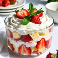 To make a delicious Strawberry Shortcake Trifle, gather these key ingredients: - 2 cups fresh strawberries, hulled and sliced - 2 tablespoons sugar - 1 cup heavy cream - 1 tablespoon vanilla extract - 1 cup shortcake or sponge cake, cut into bite-sized pieces - ½ cup Greek yogurt - Mint leaves for garnish When picking strawberries, look for bright red color and a fresh smell. Choose berries that are firm and free from bruises. A good strawberry should have green leafy tops. If the tops are wilted, the berries may be old. Fresh strawberries taste sweeter and have better texture. Buying them in season gives you the best flavor. If you want to change things up, you can swap some ingredients. Use pound cake instead of shortcake for a denser texture. For a lighter option, try angel food cake. If you don't have Greek yogurt, regular yogurt works fine too. You can even use dairy-free whipped cream if you prefer. Adding other berries can also give a fun twist to the trifle. {{ingredient_image_1}} First, take two cups of fresh strawberries. Remove the green tops and slice them. Place them in a bowl. Add two tablespoons of sugar to the strawberries. Gently toss them together. Let them sit for about 15 minutes. This process is called maceration. It helps the strawberries release their sweet juices. You will see the bottom of the bowl fill with a lovely syrup. Next, grab a separate bowl. Pour in one cup of heavy cream. Add one tablespoon of vanilla extract for flavor. Use a hand mixer to whip the cream. Beat it until you see soft peaks form. This means it’s fluffy enough. Now, gently fold in half a cup of Greek yogurt. Mixing it well adds a creamy texture and tanginess. Now it’s time to build your trifle. Start with a layer of cake pieces at the bottom of your dish. You can use shortcake or sponge cake. Next, add a layer of those sweet, macerated strawberries. Make sure to spoon some of the syrup over the cake. Then, spread a layer of the whipped cream mixture on top. Repeat this process until your dish is full. Finish with a layer of whipped cream on top. For a nice touch, garnish with a few sliced strawberries and fresh mint leaves. This adds color and freshness to your trifle. To make great whipped cream, start with cold tools. Use a chilled bowl and beaters. This helps the cream whip faster. Pour one cup of heavy cream into the bowl. Add one tablespoon of vanilla extract for flavor. Beat the cream until you see soft peaks. This means it is ready. Be careful not to over-whip, or it will turn into butter. When layering your trifle, think about order. Start with cake pieces at the bottom. This gives a strong base. Next, add the macerated strawberries. Their juices will soak into the cake. After that, spread the whipped cream mix over the strawberries. Repeat these layers until your dish is full. Finish with a layer of whipped cream on top for a nice look. This creates a colorful and tasty dessert. Serve your trifle in clear glasses. This lets everyone see the pretty layers. Use mint leaves for garnish. They add a fresh touch. You can also place a few strawberry slices on top. This makes it look extra special. If you have extra trifle, keep it in the fridge. It tastes great for a few days. Pro Tips Choose ripe strawberries: Make sure to select fresh, ripe strawberries for the best flavor and sweetness in your trifle. Whip cream to perfection: Be careful not to over-whip the cream; stop when soft peaks form to maintain a light and airy texture. Layer strategically: To create a visually appealing trifle, alternate layers of cake, strawberries, and cream, ensuring even distribution of ingredients. Chill before serving: Allow the trifle to chill in the refrigerator for at least an hour before serving to let the flavors meld together. {{image_2}} To make a gluten-free strawberry shortcake trifle, swap the cake. Use a gluten-free cake mix. You can also try almond flour cake or sponge cake. These options keep the texture light and airy. Check labels to avoid gluten. If you want a dairy-free trifle, use coconut cream instead of heavy cream. Just chill a can of coconut milk overnight. Whip it up like cream for a rich taste. Replace Greek yogurt with a dairy-free yogurt. Almond or cashew yogurt works well. You can switch up the flavors with other fruits too. Try using blueberries, raspberries, or peaches. Mix your favorite fruits with the strawberries for an exciting twist. You can also add a splash of orange juice for a citrus kick. This adds a fresh touch and bright flavor. The result is a colorful and tasty trifle! To store leftovers, first cover the trifle tightly with plastic wrap. This keeps the layers fresh and prevents them from drying out. If you have individual servings, place them in airtight containers. This method helps preserve the taste and texture of the dessert for later enjoyment. I recommend using glass or plastic containers with tight lids. Glass containers are great since they let you see the pretty layers. Plastic containers are lightweight and easy to handle. Make sure the container fits your trifle or the individual servings well. Strawberry Shortcake Trifle will last for about 2 to 3 days in the fridge. After that, the strawberries may get soggy, and the cream can lose its fluffiness. For the best taste and texture, try to eat it within this time. Always check for freshness before enjoying your delightful dessert again! Yes, you can make Strawberry Shortcake Trifle ahead of time. I suggest preparing the trifle a few hours before serving. This gives the layers time to blend together. However, don't add the final layer of whipped cream until just before serving. This keeps it light and fluffy. If you need an alternative to heavy cream, try using coconut cream or whipped topping. They both work well and taste great. You can also whip up some extra Greek yogurt for a lighter option. This keeps the trifle creamy without the heaviness of cream. To serve more people, double the recipe. Use a larger trifle dish or several smaller cups. Layer the ingredients just like in the original recipe. This way, everyone gets their own tasty serving. You can also prepare extra strawberries to ensure you have enough for everyone. This blog post covered key steps for making a delightful Strawberry Shortcake Trifle. We discussed selecting fresh strawberries, suggested substitutions, and how to prepare each layer. I shared tips for perfect whipped cream and effective layering methods. You can try variations like gluten-free or dairy-free options. Finally, I provided storage advice to keep leftovers fresh. Enjoy creating your trifle, and remember—cooking is about having fun and being creative!