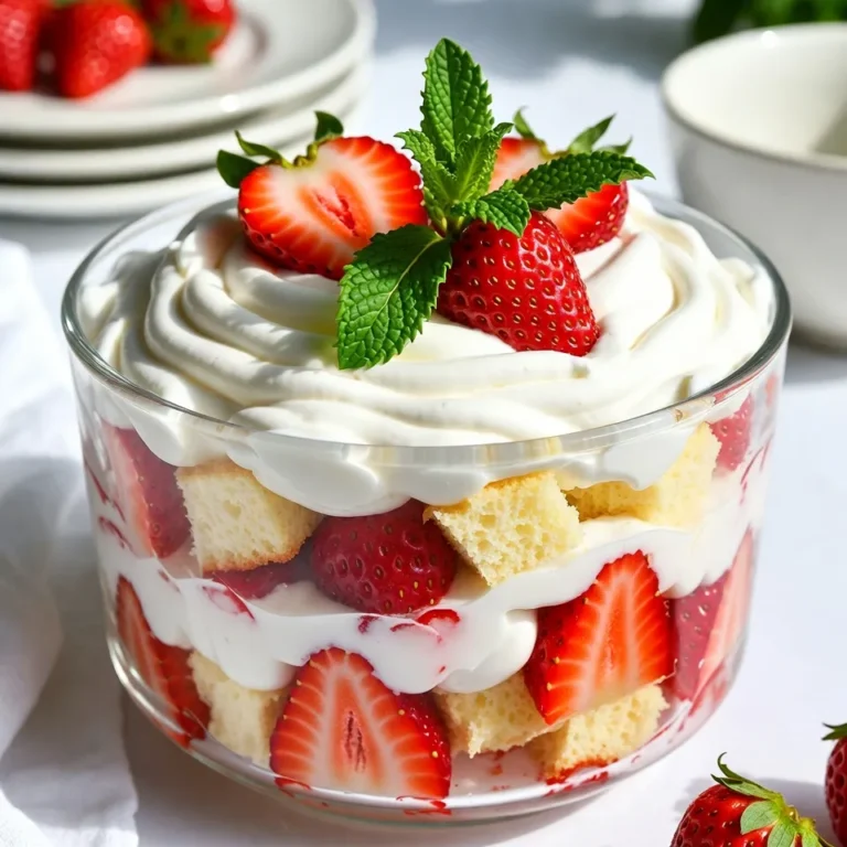 To make a delicious Strawberry Shortcake Trifle, gather these key ingredients: - 2 cups fresh strawberries, hulled and sliced - 2 tablespoons sugar - 1 cup heavy cream - 1 tablespoon vanilla extract - 1 cup shortcake or sponge cake, cut into bite-sized pieces - ½ cup Greek yogurt - Mint leaves for garnish When picking strawberries, look for bright red color and a fresh smell. Choose berries that are firm and free from bruises. A good strawberry should have green leafy tops. If the tops are wilted, the berries may be old. Fresh strawberries taste sweeter and have better texture. Buying them in season gives you the best flavor. If you want to change things up, you can swap some ingredients. Use pound cake instead of shortcake for a denser texture. For a lighter option, try angel food cake. If you don't have Greek yogurt, regular yogurt works fine too. You can even use dairy-free whipped cream if you prefer. Adding other berries can also give a fun twist to the trifle. {{ingredient_image_1}} First, take two cups of fresh strawberries. Remove the green tops and slice them. Place them in a bowl. Add two tablespoons of sugar to the strawberries. Gently toss them together. Let them sit for about 15 minutes. This process is called maceration. It helps the strawberries release their sweet juices. You will see the bottom of the bowl fill with a lovely syrup. Next, grab a separate bowl. Pour in one cup of heavy cream. Add one tablespoon of vanilla extract for flavor. Use a hand mixer to whip the cream. Beat it until you see soft peaks form. This means it’s fluffy enough. Now, gently fold in half a cup of Greek yogurt. Mixing it well adds a creamy texture and tanginess. Now it’s time to build your trifle. Start with a layer of cake pieces at the bottom of your dish. You can use shortcake or sponge cake. Next, add a layer of those sweet, macerated strawberries. Make sure to spoon some of the syrup over the cake. Then, spread a layer of the whipped cream mixture on top. Repeat this process until your dish is full. Finish with a layer of whipped cream on top. For a nice touch, garnish with a few sliced strawberries and fresh mint leaves. This adds color and freshness to your trifle. To make great whipped cream, start with cold tools. Use a chilled bowl and beaters. This helps the cream whip faster. Pour one cup of heavy cream into the bowl. Add one tablespoon of vanilla extract for flavor. Beat the cream until you see soft peaks. This means it is ready. Be careful not to over-whip, or it will turn into butter. When layering your trifle, think about order. Start with cake pieces at the bottom. This gives a strong base. Next, add the macerated strawberries. Their juices will soak into the cake. After that, spread the whipped cream mix over the strawberries. Repeat these layers until your dish is full. Finish with a layer of whipped cream on top for a nice look. This creates a colorful and tasty dessert. Serve your trifle in clear glasses. This lets everyone see the pretty layers. Use mint leaves for garnish. They add a fresh touch. You can also place a few strawberry slices on top. This makes it look extra special. If you have extra trifle, keep it in the fridge. It tastes great for a few days. Pro Tips Choose ripe strawberries: Make sure to select fresh, ripe strawberries for the best flavor and sweetness in your trifle. Whip cream to perfection: Be careful not to over-whip the cream; stop when soft peaks form to maintain a light and airy texture. Layer strategically: To create a visually appealing trifle, alternate layers of cake, strawberries, and cream, ensuring even distribution of ingredients. Chill before serving: Allow the trifle to chill in the refrigerator for at least an hour before serving to let the flavors meld together. {{image_2}} To make a gluten-free strawberry shortcake trifle, swap the cake. Use a gluten-free cake mix. You can also try almond flour cake or sponge cake. These options keep the texture light and airy. Check labels to avoid gluten. If you want a dairy-free trifle, use coconut cream instead of heavy cream. Just chill a can of coconut milk overnight. Whip it up like cream for a rich taste. Replace Greek yogurt with a dairy-free yogurt. Almond or cashew yogurt works well. You can switch up the flavors with other fruits too. Try using blueberries, raspberries, or peaches. Mix your favorite fruits with the strawberries for an exciting twist. You can also add a splash of orange juice for a citrus kick. This adds a fresh touch and bright flavor. The result is a colorful and tasty trifle! To store leftovers, first cover the trifle tightly with plastic wrap. This keeps the layers fresh and prevents them from drying out. If you have individual servings, place them in airtight containers. This method helps preserve the taste and texture of the dessert for later enjoyment. I recommend using glass or plastic containers with tight lids. Glass containers are great since they let you see the pretty layers. Plastic containers are lightweight and easy to handle. Make sure the container fits your trifle or the individual servings well. Strawberry Shortcake Trifle will last for about 2 to 3 days in the fridge. After that, the strawberries may get soggy, and the cream can lose its fluffiness. For the best taste and texture, try to eat it within this time. Always check for freshness before enjoying your delightful dessert again! Yes, you can make Strawberry Shortcake Trifle ahead of time. I suggest preparing the trifle a few hours before serving. This gives the layers time to blend together. However, don't add the final layer of whipped cream until just before serving. This keeps it light and fluffy. If you need an alternative to heavy cream, try using coconut cream or whipped topping. They both work well and taste great. You can also whip up some extra Greek yogurt for a lighter option. This keeps the trifle creamy without the heaviness of cream. To serve more people, double the recipe. Use a larger trifle dish or several smaller cups. Layer the ingredients just like in the original recipe. This way, everyone gets their own tasty serving. You can also prepare extra strawberries to ensure you have enough for everyone. This blog post covered key steps for making a delightful Strawberry Shortcake Trifle. We discussed selecting fresh strawberries, suggested substitutions, and how to prepare each layer. I shared tips for perfect whipped cream and effective layering methods. You can try variations like gluten-free or dairy-free options. Finally, I provided storage advice to keep leftovers fresh. Enjoy creating your trifle, and remember—cooking is about having fun and being creative!
