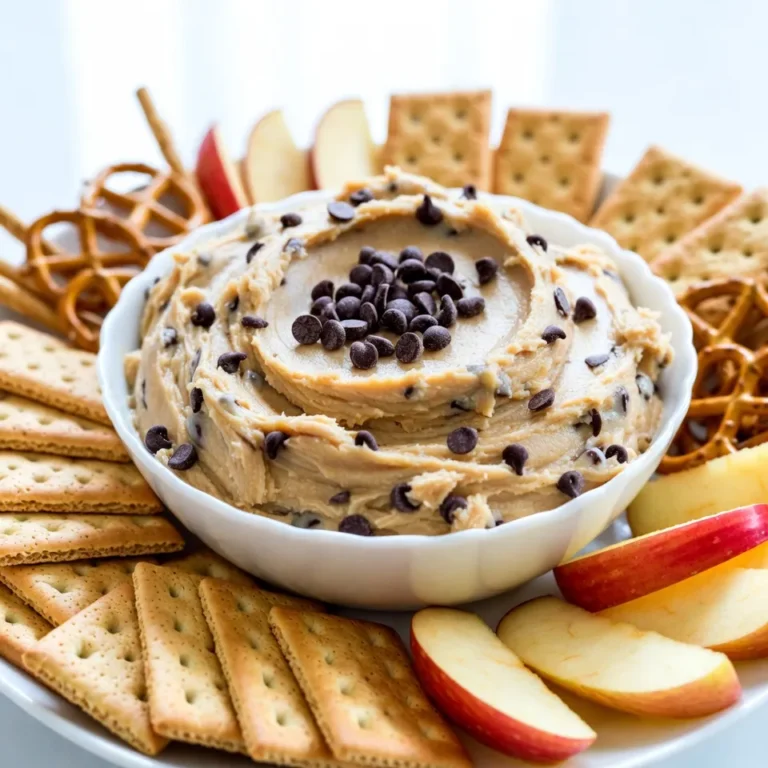To make this tasty Chocolate Chip Cookie Dough Dip, gather these ingredients: - 1 cup all-purpose flour (heat-treated) - 1/2 cup unsalted butter, softened - 1/2 cup brown sugar, packed - 1/4 cup granulated sugar - 2 tablespoons vanilla extract - 1/4 teaspoon salt - 1/2 cup mini chocolate chips - 1 cup cream cheese, softened - 1/2 cup powdered sugar - 1/4 cup milk (adjust for consistency) Using heat-treated flour is key in this recipe. Raw flour can carry harmful bacteria. Heat-treating the flour makes it safe to eat. You can heat-treat flour by baking it at 350°F for about five minutes. This simple step ensures your dip is safe and delicious. Choosing the right chocolate chips makes a big difference. I love using mini chocolate chips. They blend well into the dip, giving you bites of chocolate in every scoop. You can use milk chocolate, dark chocolate, or even semi-sweet chips. Pick what you love! {{ingredient_image_1}} Start with a large mixing bowl. Add the softened cream cheese and butter. Use an electric mixer to blend these until they are smooth and creamy. Then, add the brown sugar and granulated sugar. Mix again until everything is well combined. Next, pour in the vanilla extract and sprinkle in the salt. Keep mixing until you do not see any lumps. This mixture forms the rich base of your dip. Now it's time to add the dry ingredients. Gradually sprinkle the heat-treated flour into the mixing bowl. Use low speed on your mixer. This helps to blend the flour in without making a mess. Make sure to mix until the flour is just incorporated. You want to avoid over-mixing here. This step ensures your dip stays fluffy and light. After mixing the dry ingredients, it’s time to make your dip just right. Carefully fold in the mini chocolate chips. They add that classic cookie dough taste. If your dip feels too thick, don’t worry. Add milk one tablespoon at a time. Stir gently after each addition until you reach the desired consistency. The dip should be smooth and easy to scoop. To store your chocolate chip cookie dough dip, use an airtight container. It keeps well in the fridge for about three days. When you want to enjoy it again, just stir it to bring back its creamy texture. If it seems too thick, add a splash of milk to loosen it up. You can adapt this dip for different diets. For a vegan version, swap the cream cheese with a plant-based alternative. Use coconut oil instead of butter. Make sure to choose dairy-free chocolate chips. For a gluten-free option, use gluten-free flour. This way, everyone can enjoy this sweet treat! Want to make your dip even more special? Add a pinch of cinnamon for warmth. You can also mix in peanut butter for a nutty twist. Chopped nuts or toffee bits can add a nice crunch. Feel free to experiment with your favorite flavors. Each addition can make it taste unique! Pro Tips Use Heat-Treated Flour: Ensure to use heat-treated flour to eliminate any risk of raw flour. You can do this by baking the flour at 350°F (175°C) for 5-10 minutes. Adjust Consistency: If your dip is too thick, gradually add milk until you reach your desired creaminess. This makes it easier to scoop and enjoy with dippers. Chill Before Serving: For the best flavor and texture, chill the dip in the refrigerator for about 30 minutes before serving. This also allows the flavors to meld beautifully. Creative Dipper Options: Experiment with different dippers like pretzel sticks, graham crackers, or even fruit like strawberries and bananas for a fun twist. {{image_2}} You can swap out regular sugars for healthier options. Try using coconut sugar for a deeper flavor. This sugar adds a caramel-like taste that pairs well with chocolate. Agave syrup is another option. It’s sweeter than sugar, so use less. Maple syrup can also work. It brings a nice, warm flavor to the dip. Mixing in extra goodies can make your dip even better. Try adding crushed nuts for a crunchy bite. Walnuts or pecans work well. You can also toss in peanut butter for a nutty twist. It adds creaminess and pairs perfectly with chocolate. Want something fruity? Add mini marshmallows or dried fruit like cranberries. These add texture and sweetness. Change up the dip for special times of the year. In fall, add pumpkin spice for a cozy taste. A little cinnamon and nutmeg will warm you right up. For winter, mix in peppermint extract for a festive flair. It’s perfect for holiday gatherings. In summer, try adding fresh berries like strawberries or raspberries. They brighten the flavor and add a pop of color. You need tasty dippers to enjoy this cookie dough dip. Here are my favorites: - Graham crackers - Apple slices - Pretzels - Carrot sticks - Vanilla wafers Each dipper adds a fun twist to the flavor. Graham crackers give a crunchy base, while apple slices offer a fresh, sweet bite. The saltiness of pretzels balances the sweet dip perfectly. To make your dip even more fun, try these ideas: - Serve in mini mason jars for individual portions. - Use a waffle cone as a dipper for a twist. - Create a cookie dough dip bar with toppings like nuts or sprinkles. These ideas let guests customize their experience. It makes your gathering feel special and interactive. A great presentation makes your dip look even more tempting. Here are my tips: - Use a bright serving bowl for contrast. - Sprinkle extra mini chocolate chips on top for a pop of color. - Arrange dippers around the bowl on a large platter. A colorful platter draws attention and invites everyone to dig in. Enjoy making your dessert stand out! Yes, you can eat cookie dough dip raw. It is safe because we use heat-treated flour. Heat-treating flour helps kill any harmful bacteria. This makes it safe for eating. Enjoy it straight from the bowl! Chocolate Chip Cookie Dough Dip lasts about five days in the fridge. Make sure to store it in an airtight container. This keeps it fresh and tasty. If it starts to smell or look strange, it’s best to toss it. Yes, you can freeze this dip! Place it in a freezer-safe container. It will last for about two months in the freezer. When you want to eat it, thaw it overnight in the fridge. Stir it well before serving. This article covered how to make Chocolate Chip Cookie Dough Dip. We explored essential ingredients like heat-treated flour and the best chocolate chips. The step-by-step instructions help you mix, incorporate, and achieve the right consistency. I shared tips for storing leftovers and adapting recipes for different diets. You learned about fun variations, serving ideas, and answered common questions too. Enjoy your dip and feel free to get creative with it!