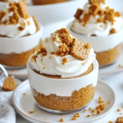 To make No-Bake Gingerbread Cheesecake Cups, you will need: - 1 cup graham cracker crumbs - 4 tablespoons unsalted butter, melted - 1 teaspoon ground ginger - 1 teaspoon ground cinnamon - 1/2 teaspoon nutmeg - 1/4 teaspoon allspice - 16 oz cream cheese, softened - 1 cup powdered sugar - 1 teaspoon vanilla extract - 1 cup heavy whipping cream - 1/4 cup molasses - Crushed gingerbread cookies for topping - Whipped cream for garnish These ingredients blend to create a rich, spiced dessert. If you need substitutes, there are great options. For graham cracker crumbs, you can use cookie crumbs. Try digestive biscuits or vanilla wafers. If you want to cut some fat, use light cream cheese instead of regular cream cheese. For the whipped cream, you can use a dairy-free option like coconut cream. You can add fun seasonal twists to your cups. Try adding pumpkin spice to the cream cheese mix. Chopped nuts can add crunch. You can also layer in some fresh fruit like pears or apples for a fresh taste. These options make your gingerbread cups even more exciting! {{ingredient_image_1}} Start with a medium bowl. Add 1 cup of graham cracker crumbs. Next, pour in 4 tablespoons of melted unsalted butter. Then, mix in half the spices: 1 teaspoon of ground ginger, 1 teaspoon of ground cinnamon, 1/2 teaspoon of nutmeg, and 1/4 teaspoon of allspice. Stir well until everything combines. Now, take a heaping tablespoon of this mixture. Press it into the bottom of each serving cup. Use the back of a spoon to pack it down firmly. This will create a nice base for your cheesecake. Set these cups aside for later. In a large mixing bowl, add 16 ounces of softened cream cheese. Sprinkle in 1 cup of powdered sugar and 1 teaspoon of vanilla extract. Mix these together until you have a smooth and creamy texture. Next, blend in 1/4 cup of molasses gradually. Make sure it incorporates fully into the mixture. In another bowl, whip 1 cup of heavy whipping cream until stiff peaks form. This step is key for a light and fluffy filling. Now, gently fold the whipped cream into your cream cheese mixture. Be careful not to deflate it, as this keeps the filling airy. Keep folding until no streaks remain. Grab your prepared cups. Using a piping bag or a spoon, fill each cup with the gingerbread cheesecake mixture. Layer it on top of the graham cracker base. After filling all the cups, refrigerate them for at least 4 hours. For best results, let them chill overnight. This helps the cheesecake set properly. Before serving, top each cup with crushed gingerbread cookies. Add a dollop of whipped cream for that extra touch. Enjoy your delicious no-bake gingerbread cheesecake cups! To get the best texture, make sure your cream cheese is at room temperature. Soft cream cheese blends well with sugar. This mix creates a smooth base for your cheesecake. When you whip the heavy cream, beat it until stiff peaks form. This step gives your cheesecake a light, fluffy feel. Gently fold the whipped cream into the cream cheese mixture. Be careful not to deflate it. This keeps your cheesecake airy and delicious. One common mistake is skipping the chilling time. The cheesecake needs at least four hours in the fridge. This step helps it set properly. Another mistake is overmixing the cream cheese. Mix just until smooth. Overmixing can add too much air and cause cracks. Lastly, be sure to pack the crumb base firmly. A loose base can crumble when you serve the cups. For a beautiful presentation, use clear cups to show off the layers. Pipe the cheesecake mixture for a fancy touch. Top each cup with crushed gingerbread cookies and a dollop of whipped cream. You can also drizzle a bit of molasses on top. Adding a sprinkle of cinnamon or nutmeg enhances the look and flavor. These small touches make your dessert stand out at any gathering. Pro Tips Chill the Cream Cheese: Ensure the cream cheese is at room temperature for easy blending, making the mixture smooth and creamy. Whip with Care: When folding in the whipped cream, be gentle to maintain the airy texture of your cheesecake mixture. Customize the Spices: Feel free to adjust the spice levels according to your taste; adding more ginger or cinnamon can enhance the holiday flavor. Let it Set: For the best texture, allow the cheesecake cups to chill overnight. The flavors meld beautifully, creating a richer taste. {{image_2}} You can easily switch up the flavors in your gingerbread cheesecake cups. Try using chocolate cookie crumbs instead of graham crackers for a rich twist. You can also mix in some pumpkin spice to give it a fall vibe. For a fruity touch, add crushed cranberries on top. This adds color and a nice tart flavor. If you need a gluten-free treat, swap the graham cracker crumbs for gluten-free cookies. Brands like almond or coconut cookies work well. Ensure that your cream cheese and other products are gluten-free. This way, everyone can enjoy this dessert without worry. To make a vegan version, replace cream cheese with a plant-based option. Look for brands that use nuts or tofu. Use coconut cream instead of heavy whipping cream for that fluffy texture. Sweeten with maple syrup or agave nectar instead of powdered sugar. These swaps keep the flavor delicious while being plant-based. You can store leftover cheesecake cups in the fridge. Use an airtight container to keep them fresh. Place a layer of plastic wrap on top for extra protection. They will stay tasty for up to three days. To freeze cheesecake cups, first let them cool completely. Then, wrap each cup tightly in plastic wrap. Place them in a freezer-safe bag or container. They can last for up to three months in the freezer. When you want to eat them, just move them to the fridge overnight to thaw. The best practice is to eat these cups fresh. If stored correctly, they last three days in the fridge and three months in the freezer. Always check for any off smells or changes in texture before eating. Enjoying them within this time frame ensures the best taste and quality. No-Bake Gingerbread Cheesecake Cups need to set for at least 4 hours. This time helps the flavors meld and the texture firm up. For the best results, I recommend letting them chill overnight. This way, they become even creamier and more enjoyable. Yes, you can use low-fat cream cheese. It will change the texture slightly, making it a bit less rich. However, the flavor will still shine through. If you want to keep the cheesecake creamy, consider adding a bit more whipped cream. You can use half-and-half or coconut cream instead of heavy whipping cream. Both options work well. If you want a lighter version, try using Greek yogurt. It adds creaminess and a slight tang, enhancing the overall flavor of the cheesecake. This blog post covered how to make delicious no-bake gingerbread cheesecake cups. You learned about the key ingredients, substitutes, and seasonal options. I shared easy steps to prepare, assemble, and chill your dessert. I also provided tips for the best texture, common mistakes, and nice serving ideas. Plus, you saw variations, storage info, and answered frequently asked questions. Now you're ready to impress your friends and family with this tasty treat! Enjoy making your cheesecake cups!