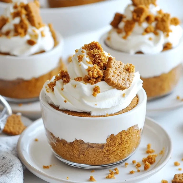 To make No-Bake Gingerbread Cheesecake Cups, you will need: - 1 cup graham cracker crumbs - 4 tablespoons unsalted butter, melted - 1 teaspoon ground ginger - 1 teaspoon ground cinnamon - 1/2 teaspoon nutmeg - 1/4 teaspoon allspice - 16 oz cream cheese, softened - 1 cup powdered sugar - 1 teaspoon vanilla extract - 1 cup heavy whipping cream - 1/4 cup molasses - Crushed gingerbread cookies for topping - Whipped cream for garnish These ingredients blend to create a rich, spiced dessert. If you need substitutes, there are great options. For graham cracker crumbs, you can use cookie crumbs. Try digestive biscuits or vanilla wafers. If you want to cut some fat, use light cream cheese instead of regular cream cheese. For the whipped cream, you can use a dairy-free option like coconut cream. You can add fun seasonal twists to your cups. Try adding pumpkin spice to the cream cheese mix. Chopped nuts can add crunch. You can also layer in some fresh fruit like pears or apples for a fresh taste. These options make your gingerbread cups even more exciting! {{ingredient_image_1}} Start with a medium bowl. Add 1 cup of graham cracker crumbs. Next, pour in 4 tablespoons of melted unsalted butter. Then, mix in half the spices: 1 teaspoon of ground ginger, 1 teaspoon of ground cinnamon, 1/2 teaspoon of nutmeg, and 1/4 teaspoon of allspice. Stir well until everything combines. Now, take a heaping tablespoon of this mixture. Press it into the bottom of each serving cup. Use the back of a spoon to pack it down firmly. This will create a nice base for your cheesecake. Set these cups aside for later. In a large mixing bowl, add 16 ounces of softened cream cheese. Sprinkle in 1 cup of powdered sugar and 1 teaspoon of vanilla extract. Mix these together until you have a smooth and creamy texture. Next, blend in 1/4 cup of molasses gradually. Make sure it incorporates fully into the mixture. In another bowl, whip 1 cup of heavy whipping cream until stiff peaks form. This step is key for a light and fluffy filling. Now, gently fold the whipped cream into your cream cheese mixture. Be careful not to deflate it, as this keeps the filling airy. Keep folding until no streaks remain. Grab your prepared cups. Using a piping bag or a spoon, fill each cup with the gingerbread cheesecake mixture. Layer it on top of the graham cracker base. After filling all the cups, refrigerate them for at least 4 hours. For best results, let them chill overnight. This helps the cheesecake set properly. Before serving, top each cup with crushed gingerbread cookies. Add a dollop of whipped cream for that extra touch. Enjoy your delicious no-bake gingerbread cheesecake cups! To get the best texture, make sure your cream cheese is at room temperature. Soft cream cheese blends well with sugar. This mix creates a smooth base for your cheesecake. When you whip the heavy cream, beat it until stiff peaks form. This step gives your cheesecake a light, fluffy feel. Gently fold the whipped cream into the cream cheese mixture. Be careful not to deflate it. This keeps your cheesecake airy and delicious. One common mistake is skipping the chilling time. The cheesecake needs at least four hours in the fridge. This step helps it set properly. Another mistake is overmixing the cream cheese. Mix just until smooth. Overmixing can add too much air and cause cracks. Lastly, be sure to pack the crumb base firmly. A loose base can crumble when you serve the cups. For a beautiful presentation, use clear cups to show off the layers. Pipe the cheesecake mixture for a fancy touch. Top each cup with crushed gingerbread cookies and a dollop of whipped cream. You can also drizzle a bit of molasses on top. Adding a sprinkle of cinnamon or nutmeg enhances the look and flavor. These small touches make your dessert stand out at any gathering. Pro Tips Chill the Cream Cheese: Ensure the cream cheese is at room temperature for easy blending, making the mixture smooth and creamy. Whip with Care: When folding in the whipped cream, be gentle to maintain the airy texture of your cheesecake mixture. Customize the Spices: Feel free to adjust the spice levels according to your taste; adding more ginger or cinnamon can enhance the holiday flavor. Let it Set: For the best texture, allow the cheesecake cups to chill overnight. The flavors meld beautifully, creating a richer taste. {{image_2}} You can easily switch up the flavors in your gingerbread cheesecake cups. Try using chocolate cookie crumbs instead of graham crackers for a rich twist. You can also mix in some pumpkin spice to give it a fall vibe. For a fruity touch, add crushed cranberries on top. This adds color and a nice tart flavor. If you need a gluten-free treat, swap the graham cracker crumbs for gluten-free cookies. Brands like almond or coconut cookies work well. Ensure that your cream cheese and other products are gluten-free. This way, everyone can enjoy this dessert without worry. To make a vegan version, replace cream cheese with a plant-based option. Look for brands that use nuts or tofu. Use coconut cream instead of heavy whipping cream for that fluffy texture. Sweeten with maple syrup or agave nectar instead of powdered sugar. These swaps keep the flavor delicious while being plant-based. You can store leftover cheesecake cups in the fridge. Use an airtight container to keep them fresh. Place a layer of plastic wrap on top for extra protection. They will stay tasty for up to three days. To freeze cheesecake cups, first let them cool completely. Then, wrap each cup tightly in plastic wrap. Place them in a freezer-safe bag or container. They can last for up to three months in the freezer. When you want to eat them, just move them to the fridge overnight to thaw. The best practice is to eat these cups fresh. If stored correctly, they last three days in the fridge and three months in the freezer. Always check for any off smells or changes in texture before eating. Enjoying them within this time frame ensures the best taste and quality. No-Bake Gingerbread Cheesecake Cups need to set for at least 4 hours. This time helps the flavors meld and the texture firm up. For the best results, I recommend letting them chill overnight. This way, they become even creamier and more enjoyable. Yes, you can use low-fat cream cheese. It will change the texture slightly, making it a bit less rich. However, the flavor will still shine through. If you want to keep the cheesecake creamy, consider adding a bit more whipped cream. You can use half-and-half or coconut cream instead of heavy whipping cream. Both options work well. If you want a lighter version, try using Greek yogurt. It adds creaminess and a slight tang, enhancing the overall flavor of the cheesecake. This blog post covered how to make delicious no-bake gingerbread cheesecake cups. You learned about the key ingredients, substitutes, and seasonal options. I shared easy steps to prepare, assemble, and chill your dessert. I also provided tips for the best texture, common mistakes, and nice serving ideas. Plus, you saw variations, storage info, and answered frequently asked questions. Now you're ready to impress your friends and family with this tasty treat! Enjoy making your cheesecake cups!
