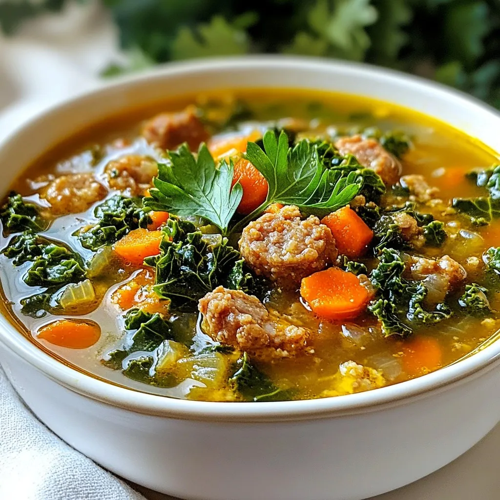 To make a tasty sausage soup, you need simple ingredients. Here’s your list: - 1 lb Italian chicken sausage (or turkey sausage), casings removed - 1 medium onion, chopped - 3 cloves garlic, minced - 2 medium carrots, diced - 2 celery stalks, diced - 4 cups low-sodium chicken broth - 2 cups kale, chopped (stems removed) - 1 can (15 oz) diced tomatoes, drained - 1 teaspoon dried oregano - 1 teaspoon paprika - Salt and pepper to taste - 2 tablespoons olive oil - Fresh parsley, chopped for garnish These ingredients blend well. The sausage gives a rich flavor. The vegetables add color and nutrition. You can customize this soup with extra ingredients. Here are some great options: - Potatoes for more heartiness - Beans for added protein - Spinach instead of kale - Zucchini for a fresh taste - Corn for sweetness Feel free to mix and match. It makes your soup unique. Each ingredient has its benefits. Here’s a quick look: - Sausage: Provides protein and flavor. Choose lean options for a healthier dish. - Kale: Packed with vitamins A, C, and K. Great for your immune system. - Carrots and celery: Full of fiber and low in calories. They help keep you full. - Tomatoes: Rich in antioxidants. They add color and tang. - Olive oil: A healthy fat that boosts heart health. This soup is more than just tasty. It’s good for you too! {{ingredient_image_1}} Start by gathering your veggies. You will need one medium onion, three cloves of garlic, two carrots, and two celery stalks. Chop the onion into small pieces. Mince the garlic. Dice the carrots and celery into small bits. This makes them cook faster. Set the chopped veggies aside for later. In a large pot, heat two tablespoons of olive oil over medium heat. Add the chopped onion. Sauté it for about five minutes until it turns soft and clear. Next, add the minced garlic, diced carrots, and celery. Cook this mix for another five to seven minutes. The veggies will start to soften and smell great. Now, take the one pound of Italian chicken sausage. Remove the casings and crumble the sausage into the pot. Cook it for about eight to ten minutes. Break it apart with a wooden spoon as it cooks. You want it to brown nicely. This adds flavor to the soup. Once the sausage is browned, stir in one teaspoon of dried oregano and one teaspoon of paprika. Add salt and pepper to taste. Cook this for one more minute. The spices will release their fragrant aroma. Next, pour in four cups of low-sodium chicken broth. Bring the mixture to a simmer. Then, add one can of drained diced tomatoes and two cups of chopped kale. Stir everything together well. Let the soup simmer for 15 to 20 minutes. The kale should be tender when done. Taste the soup and adjust the seasoning if needed. Serve the soup hot. You can garnish it with fresh parsley on top. Enjoy your hearty sausage and kale soup! For this soup, I suggest using Italian chicken sausage or turkey sausage. These types pack a punch of flavor without being too heavy. If you prefer pork, go for high-quality Italian sausage. The fat in the sausage adds richness to the soup. Always choose fresh sausage, as it has better taste. Herbs and spices can elevate your sausage soup. I love adding dried oregano and paprika. They bring warmth and depth. Fresh herbs like parsley add brightness when serving. Don’t skip the salt and pepper; they are key for balance. Always taste as you cook to adjust the flavors. One common mistake is not browning the sausage enough. This step adds a lot of flavor. Another mistake is adding kale too early. Kale needs time to soften, so add it later. Also, avoid using too much broth; you want a thick soup, not a stew. Lastly, don't forget to taste as you go. Pro Tips Use Fresh Sausage: Fresh Italian chicken or turkey sausage will add more flavor to the soup compared to pre-cooked options. Customize the Greens: Feel free to substitute kale with other greens like spinach or Swiss chard for a different flavor profile. Enhance the Flavor: A splash of lemon juice or a sprinkle of red pepper flakes can brighten up the flavors at the end. Make it Ahead: This soup tastes even better the next day, so consider making a batch in advance for an easy meal. {{image_2}} You can make a tasty vegetarian version of sausage soup. Use plant-based sausage instead of meat. There are many brands that taste great and are easy to find. Replace chicken broth with vegetable broth for a rich flavor. Add more veggies like bell peppers, zucchini, or mushrooms for extra taste. This version is just as hearty and satisfying. Trying different types of sausage can change the soup's flavor. Italian sausage brings a nice spice. If you want something milder, use chicken or turkey sausage. For a smoky kick, try andouille sausage. Each type adds its unique taste. Mixing sausages can also create a fun flavor profile. Just remember to adjust spices based on your choice. You can easily swap ingredients in this soup. If you need it gluten-free, make sure to use gluten-free sausage and broth. For a dairy-free option, skip any cream or cheese. If you are watching your sodium, use low-sodium broth and season to taste. Each swap keeps the soup delicious and friendly to your needs. To store leftover sausage soup, let it cool first. Pour the soup into airtight containers. Make sure to leave some space at the top for expansion. Seal the containers tightly. You can keep it in the fridge for about 3 to 4 days. Label your containers with the date. This helps you keep track of freshness. If you want to save sausage soup for longer, freezing works well. First, cool the soup completely. Then, use freezer-safe bags or containers. Squeeze out as much air as possible before sealing. This prevents freezer burn. You can freeze the soup for up to 3 months. When you’re ready to enjoy it, just thaw it in the fridge overnight. When reheating sausage soup, do it gently. Pour the soup into a pot over low heat. Stir it often to heat evenly. If it seems too thick, add a splash of broth or water. You can also use a microwave. Transfer soup to a microwave-safe bowl. Heat in short bursts, stirring in between. Make sure it’s hot all the way through before serving. You can make sausage soup healthier by using leaner meat. Choose chicken or turkey sausage. Use low-sodium broth to cut down on salt. Add more veggies like spinach or zucchini for fiber and nutrients. You can also skip the oil or use less. If you want, try whole grain bread on the side instead of white bread. Yes, you can prepare sausage soup ahead of time. This soup tastes even better the next day. Make it a day before and let the flavors blend. Store it in the fridge in a sealed container. Just reheat it on the stove when you are ready to eat. The best side dishes to serve with sausage soup include crusty bread or a fresh salad. Garlic bread pairs well too. A simple green salad with vinaigrette is a light option. You can also serve some roasted vegetables for extra flavor and nutrition. Each side brings out the taste of the soup! In this blog post, I shared how to make a tasty sausage soup. We covered ingredients, cooking steps, tips, and variations. You learned about the best sausages, herbs, and common mistakes. Sausage soup can be easy and fun to make. It’s a great meal for any time. Don't forget to store leftovers well to enjoy later. I hope this guide helps you create your perfect bowl of soup. Happy cooking!