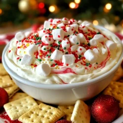 To make Christmas Peppermint Fluff Dip, you will need some simple ingredients. Here’s a list for you: - 1 cup heavy whipping cream - 1 cup powdered sugar - 8 oz cream cheese, softened - 1 teaspoon vanilla extract - 1/2 teaspoon peppermint extract - 1/2 cup crushed peppermint candies (plus extra for garnish) - 1/2 cup mini marshmallows - 1/4 cup red and green sprinkles - Graham crackers, fruit slices, or pretzels for dipping Each ingredient plays a role in making this dip creamy and sweet. The heavy whipping cream gives it a light texture. Powdered sugar sweetens it without being grainy. Cream cheese adds richness. Vanilla extract gives depth. Peppermint extract brings that fresh holiday flavor. Crushed peppermint candies add a fun crunch. Mini marshmallows give a fluffy touch, while sprinkles make it festive. For dipping, graham crackers, fruit slices, or pretzels work well. They add contrast to the sweet dip. This dip is easy to make and brings joy to your holiday gatherings. {{ingredient_image_1}} 1. Whipping the heavy cream Start by pouring the heavy whipping cream into a large mixing bowl. Use a hand mixer or stand mixer to whip it until it forms stiff peaks. This takes about 3 to 5 minutes. Stiff peaks mean it stands tall without falling back. 2. Mixing cream cheese and extracts In another bowl, take the softened cream cheese and beat it with a mixer until it is smooth and creamy. This step is key for a nice texture. Add the vanilla and peppermint extracts to the cream cheese. Mix them in well until it is all blended together. 3. Folding the mixtures together Now, gently fold the whipped cream into the cream cheese mixture. Use a spatula and scoop from the bottom to the top. Be careful not to deflate the whipped cream. This keeps your dip light and fluffy. 4. Incorporating mix-ins Next, it’s time to add the fun stuff. Carefully mix in the crushed peppermint candies, mini marshmallows, and red and green sprinkles. Make sure everything is evenly spread throughout the dip. This adds flavor and a festive look. 5. Transferring to serving bowl Finally, take the fluffy mixture and transfer it to a colorful serving bowl. Smooth the top so it looks nice. For a finishing touch, sprinkle extra crushed peppermint candies and festive sprinkles on top. This makes it even more cheerful for your holiday table. - Achieving stiff peaks: To get stiff peaks, whip the heavy cream until it stands tall. Use a chilled bowl and beaters for best results. This step gives your dip its light texture. - Ensuring a smooth cream cheese base: Soften the cream cheese before mixing. This helps it blend well with the other ingredients. Beat it until creamy without lumps. - Mixing ingredients evenly: When folding in the whipped cream, be gentle. This keeps the fluffiness intact. Add the crushed peppermint candies, marshmallows, and sprinkles slowly. Make sure they are well spread throughout the dip. - Garnishing ideas: Add extra crushed peppermint candies and colorful sprinkles on top. This makes the dip look festive. You can also place whole peppermint candies around the bowl for a cheerful touch. These tips will help you create the perfect Christmas Peppermint Fluff Dip! Enjoy the fun and flavor! Pro Tips Chill Your Bowl: For an extra creamy dip, chill your mixing bowl and beaters in the fridge for about 30 minutes before whipping the cream. Flavor Boost: If you love peppermint, feel free to increase the peppermint extract to 1 teaspoon for a more intense flavor. Mix It Up: Experiment with different toppings like crushed chocolate cookies or mini chocolate chips for a unique twist! Storage Tips: Store leftover dip in an airtight container in the refrigerator for up to 3 days, but note that it may become slightly less fluffy. {{image_2}} You can have fun with this dip by changing the flavors. Instead of peppermint extract, try almond or vanilla for a different taste. Each flavor brings its own twist to the dip. If you don’t have peppermint candies, you can use crushed candy canes or chocolate chips. These options can change the look and taste. For a fun surprise, add some mini chocolate chips for a richer flavor. Looking for a healthier version? Swap regular cream cheese for low-fat cream cheese. This change cuts calories but keeps the dip creamy and rich. You can also use Greek yogurt instead of cream cheese for added protein. Another idea is to use coconut cream in place of heavy whipping cream. This makes the dip dairy-free and adds a nice coconut flavor. Just make sure to whip it well for that fluffy texture. These variations let you customize your dip for any taste or diet. Enjoy experimenting! To keep your Christmas Peppermint Fluff Dip fresh, store it in the fridge. Use an airtight container. It will stay good for about three days. Make sure to cover it well to prevent it from drying out. You can freeze this dip, too. However, freezing changes its texture. If you want to freeze it, place it in a freezer-safe container. It will last for about a month in the freezer. When you're ready to eat it, thaw it in the fridge overnight. When serving the dip after storage, give it a quick stir. This helps bring back some of its fluffiness. If it seems thick, add a splash of cream to loosen it up. Serve it with fresh dippers like graham crackers, fruits, or pretzels for the best taste. Can I make this dip ahead of time? Yes, you can make this dip a day ahead. Just store it in the fridge. This can help the flavors mix well. What are the best dippers for Christmas Peppermint Fluff Dip? I love serving this dip with: - Graham crackers - Fruit slices - Pretzels These dippers add fun textures and flavors. How long does the dip last in the fridge? The dip stays fresh for about three days in the fridge. Make sure it is in a sealed container. Can I use regular marshmallows instead of mini? Yes, you can use regular marshmallows. Just chop them into smaller pieces. This helps them mix better in the dip. Is it possible to make this dip lactose-free? Yes, you can make it lactose-free! Use lactose-free cream cheese and a plant-based whipped cream. This way, everyone can enjoy it. This blog post covered how to make a delicious Christmas Peppermint Fluff Dip. You learned the key ingredients, preparation steps, and helpful tips. We also explored fun variations to fit your taste and how to store leftovers. In conclusion, this dip is easy and fun to make. It’s perfect for any holiday gathering. Enjoy the sweet and minty flavor with your favorite dippers! Experiment and make it your own!
