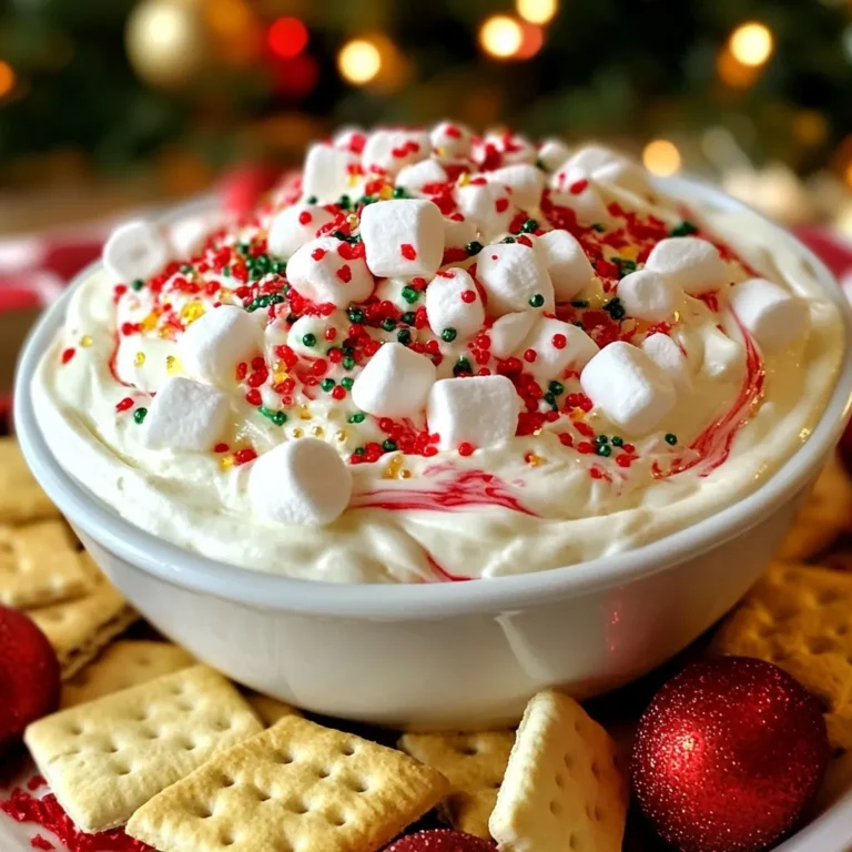 To make Christmas Peppermint Fluff Dip, you will need some simple ingredients. Here’s a list for you: - 1 cup heavy whipping cream - 1 cup powdered sugar - 8 oz cream cheese, softened - 1 teaspoon vanilla extract - 1/2 teaspoon peppermint extract - 1/2 cup crushed peppermint candies (plus extra for garnish) - 1/2 cup mini marshmallows - 1/4 cup red and green sprinkles - Graham crackers, fruit slices, or pretzels for dipping Each ingredient plays a role in making this dip creamy and sweet. The heavy whipping cream gives it a light texture. Powdered sugar sweetens it without being grainy. Cream cheese adds richness. Vanilla extract gives depth. Peppermint extract brings that fresh holiday flavor. Crushed peppermint candies add a fun crunch. Mini marshmallows give a fluffy touch, while sprinkles make it festive. For dipping, graham crackers, fruit slices, or pretzels work well. They add contrast to the sweet dip. This dip is easy to make and brings joy to your holiday gatherings. {{ingredient_image_1}} 1. Whipping the heavy cream Start by pouring the heavy whipping cream into a large mixing bowl. Use a hand mixer or stand mixer to whip it until it forms stiff peaks. This takes about 3 to 5 minutes. Stiff peaks mean it stands tall without falling back. 2. Mixing cream cheese and extracts In another bowl, take the softened cream cheese and beat it with a mixer until it is smooth and creamy. This step is key for a nice texture. Add the vanilla and peppermint extracts to the cream cheese. Mix them in well until it is all blended together. 3. Folding the mixtures together Now, gently fold the whipped cream into the cream cheese mixture. Use a spatula and scoop from the bottom to the top. Be careful not to deflate the whipped cream. This keeps your dip light and fluffy. 4. Incorporating mix-ins Next, it’s time to add the fun stuff. Carefully mix in the crushed peppermint candies, mini marshmallows, and red and green sprinkles. Make sure everything is evenly spread throughout the dip. This adds flavor and a festive look. 5. Transferring to serving bowl Finally, take the fluffy mixture and transfer it to a colorful serving bowl. Smooth the top so it looks nice. For a finishing touch, sprinkle extra crushed peppermint candies and festive sprinkles on top. This makes it even more cheerful for your holiday table. - Achieving stiff peaks: To get stiff peaks, whip the heavy cream until it stands tall. Use a chilled bowl and beaters for best results. This step gives your dip its light texture. - Ensuring a smooth cream cheese base: Soften the cream cheese before mixing. This helps it blend well with the other ingredients. Beat it until creamy without lumps. - Mixing ingredients evenly: When folding in the whipped cream, be gentle. This keeps the fluffiness intact. Add the crushed peppermint candies, marshmallows, and sprinkles slowly. Make sure they are well spread throughout the dip. - Garnishing ideas: Add extra crushed peppermint candies and colorful sprinkles on top. This makes the dip look festive. You can also place whole peppermint candies around the bowl for a cheerful touch. These tips will help you create the perfect Christmas Peppermint Fluff Dip! Enjoy the fun and flavor! Pro Tips Chill Your Bowl: For an extra creamy dip, chill your mixing bowl and beaters in the fridge for about 30 minutes before whipping the cream. Flavor Boost: If you love peppermint, feel free to increase the peppermint extract to 1 teaspoon for a more intense flavor. Mix It Up: Experiment with different toppings like crushed chocolate cookies or mini chocolate chips for a unique twist! Storage Tips: Store leftover dip in an airtight container in the refrigerator for up to 3 days, but note that it may become slightly less fluffy. {{image_2}} You can have fun with this dip by changing the flavors. Instead of peppermint extract, try almond or vanilla for a different taste. Each flavor brings its own twist to the dip. If you don’t have peppermint candies, you can use crushed candy canes or chocolate chips. These options can change the look and taste. For a fun surprise, add some mini chocolate chips for a richer flavor. Looking for a healthier version? Swap regular cream cheese for low-fat cream cheese. This change cuts calories but keeps the dip creamy and rich. You can also use Greek yogurt instead of cream cheese for added protein. Another idea is to use coconut cream in place of heavy whipping cream. This makes the dip dairy-free and adds a nice coconut flavor. Just make sure to whip it well for that fluffy texture. These variations let you customize your dip for any taste or diet. Enjoy experimenting! To keep your Christmas Peppermint Fluff Dip fresh, store it in the fridge. Use an airtight container. It will stay good for about three days. Make sure to cover it well to prevent it from drying out. You can freeze this dip, too. However, freezing changes its texture. If you want to freeze it, place it in a freezer-safe container. It will last for about a month in the freezer. When you're ready to eat it, thaw it in the fridge overnight. When serving the dip after storage, give it a quick stir. This helps bring back some of its fluffiness. If it seems thick, add a splash of cream to loosen it up. Serve it with fresh dippers like graham crackers, fruits, or pretzels for the best taste. Can I make this dip ahead of time? Yes, you can make this dip a day ahead. Just store it in the fridge. This can help the flavors mix well. What are the best dippers for Christmas Peppermint Fluff Dip? I love serving this dip with: - Graham crackers - Fruit slices - Pretzels These dippers add fun textures and flavors. How long does the dip last in the fridge? The dip stays fresh for about three days in the fridge. Make sure it is in a sealed container. Can I use regular marshmallows instead of mini? Yes, you can use regular marshmallows. Just chop them into smaller pieces. This helps them mix better in the dip. Is it possible to make this dip lactose-free? Yes, you can make it lactose-free! Use lactose-free cream cheese and a plant-based whipped cream. This way, everyone can enjoy it. This blog post covered how to make a delicious Christmas Peppermint Fluff Dip. You learned the key ingredients, preparation steps, and helpful tips. We also explored fun variations to fit your taste and how to store leftovers. In conclusion, this dip is easy and fun to make. It’s perfect for any holiday gathering. Enjoy the sweet and minty flavor with your favorite dippers! Experiment and make it your own!