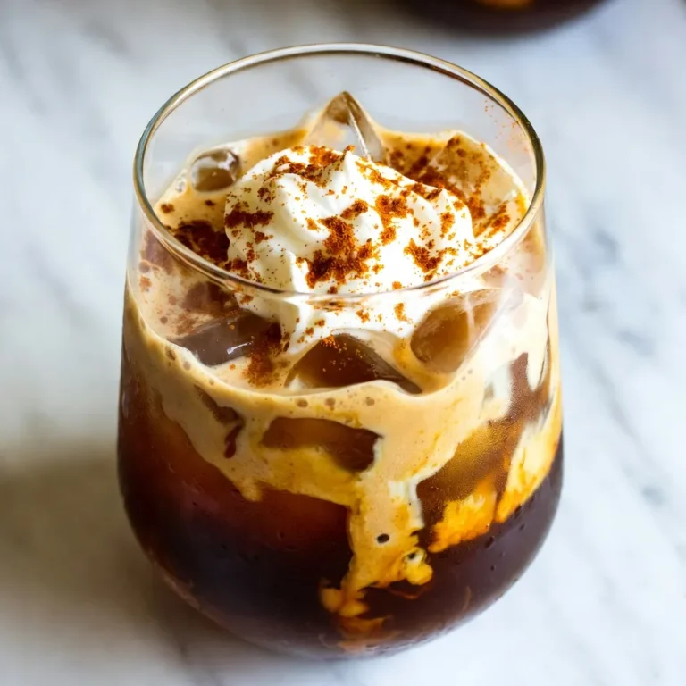 - 1 cup cold brew coffee - 1/2 cup milk of choice - 3 tablespoons pumpkin puree - 2 tablespoons maple syrup - 1/2 teaspoon vanilla extract - 1/4 teaspoon pumpkin pie spice - Whipped cream for topping To make a great pumpkin cream cold brew, you need simple ingredients. Start with cold brew coffee. You can buy it or make it at home. Next, choose your milk. I love oat milk for its creaminess, but any milk works. Then, grab some pumpkin puree. This gives your drink that warm fall flavor. Maple syrup adds sweetness. You can change the amount based on your taste. Vanilla extract adds a nice touch. Pumpkin pie spice brings everything together. It gives that cozy feeling. Finally, whipped cream tops it off. It makes your drink feel special. This drink is easy to make. With these ingredients, you can enjoy a tasty treat at home. {{ingredient_image_1}} - In a mixing bowl, combine 3 tablespoons of pumpkin puree, 2 tablespoons of maple syrup, 1/2 teaspoon of vanilla extract, and 1/4 teaspoon of pumpkin pie spice. - Whisk these ingredients together until the mix is smooth and creamy. - In another bowl or pitcher, combine 1 cup of cold brew coffee and 1/2 cup of your milk choice. - Stir this mix thoroughly to blend the coffee and milk evenly. - Gradually add the pumpkin mixture into the coffee and milk blend. - Whisk until the mixture is creamy and well combined. You want it perfectly smooth. - Taste your drink. If you want it sweeter, add more maple syrup. - Fill a glass with ice cubes, and pour the pumpkin cold brew over the ice. - Top it generously with whipped cream and sprinkle extra pumpkin pie spice for garnish. - You can use any milk you like. Almond milk gives a nutty taste. Soy milk adds protein. Oat milk makes it creamy. - If you want more pumpkin flavor, add a bit more pumpkin puree. Start with one extra tablespoon to see how you like it. - Maple syrup is great, but you can add as much or as little as you want. Taste it as you go! - If you prefer other sweeteners, try honey or agave syrup. For low-sugar needs, use stevia or monk fruit sweetener. - To make whipped cream at home, beat heavy cream until it gets thick. Add a bit of sugar and vanilla for flavor. - For a fun serving twist, use a mason jar or a clear glass. Top it with whipped cream, and sprinkle more pumpkin pie spice on top. You can even add a cinnamon stick for a nice touch. Pro Tips Use Fresh Pumpkin Puree: For the best flavor, use fresh pumpkin puree instead of canned. It will enhance the taste and provide a brighter color. Chill Your Ingredients: Ensure that your cold brew and milk are well-chilled for a refreshing drink. This helps maintain the drink's temperature when served over ice. Experiment with Milk Alternatives: Different milk alternatives like almond or coconut milk can add unique flavors and textures. Try various options to find your favorite. Customize Sweetness: Adjust the amount of maple syrup according to your taste preference. You can also use flavored syrups for a different twist on sweetness. {{image_2}} You can make this drink vegan by using different types of milk. Try oat milk, almond milk, or coconut milk. Each option adds a unique taste and creaminess. Oat milk, in particular, blends well with pumpkin flavors. It gives a rich texture without dairy. Want a little twist? Add chocolate syrup for a mocha flavor. This gives your drink a sweet, rich vibe. If you love spice, mix in ginger or cinnamon. These spices elevate the pumpkin taste and make it warmer. Just a pinch can change the whole drink! You can enjoy this drink hot, too! To serve it hot, simply heat the cold brew coffee and milk mixture in a pot. Stir gently until warm. For a cold brew concentrate, brew coffee with double the coffee grounds. Let it steep and cool, then mix with milk and pumpkin. This gives a stronger flavor and is great served over ice. To store your leftover pumpkin mixture, pour it into a clean, airtight container. Place it in the fridge. It should stay fresh for about three to five days. Always check for any signs of spoilage before using it again. For the cold brew coffee, keep it in a separate container. Use a glass or plastic pitcher with a lid. Cold brew can last up to two weeks in the fridge. Just make sure it stays sealed tight to avoid any unwanted flavors. Homemade pumpkin puree can last about one week in the fridge. If you want it to last longer, freeze it! Store it in freezer bags or containers. This way, it can last for up to six months. To extend the life of your cold brew coffee, keep it sealed tightly. You can also add a little bit of milk when you’re ready to drink it. This helps keep the flavor fresh for a longer time. Yes, you can use fresh pumpkin. Cook and blend it until smooth. This gives a fresh flavor. Make sure to strain it to remove excess water. Fresh pumpkin may taste different from canned puree. Adjust spices to enhance the flavor. Absolutely! You can use regular brewed coffee instead. Just chill it before mixing. Another option is to use espresso for a stronger taste. This might change the texture but will still be delicious. To make it sugar-free, skip the maple syrup. Use a sugar substitute like stevia or monk fruit. These alternatives sweeten without adding calories. Adjust the amount to taste for the best flavor. Yes, you can prepare the pumpkin mixture ahead. Store it in the fridge for up to three days. Just mix it with the cold brew and milk when you are ready to serve. This saves time and makes mornings easier. This drink provides a tasty treat. Here’s a rough estimate per serving: - Calories: 150 - Protein: 5g - Carbs: 22g - Fat: 5g - Fiber: 1g These numbers may vary based on your milk choice and added sweeteners. Always check labels for exact values. This blog post showed how to make a delicious pumpkin cream cold brew. We covered the key ingredients, easy steps, and helpful tips to perfect your drink. You can customize flavors and make it dairy-free, too. Remember, adjusting sweetness and presentation can make it even better. Enjoy making this treat and feel free to get creative with variations! Your perfect pumpkin drink is just a recipe away!