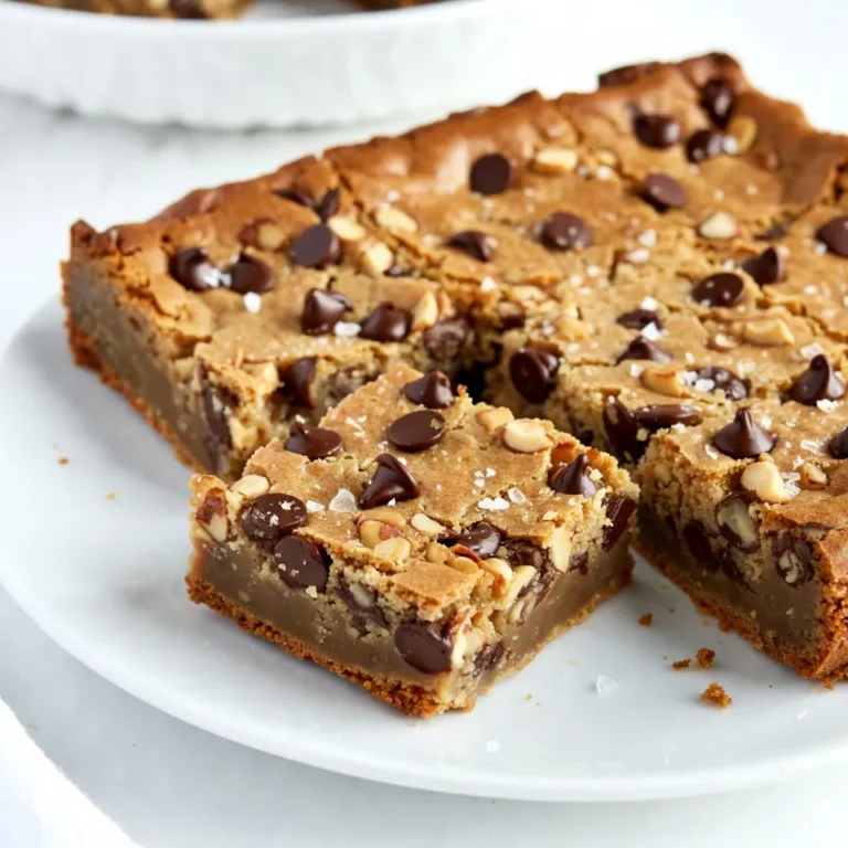 To make Chewy Brown Butter Blondies, you will need the following ingredients: - 1 cup (2 sticks) unsalted butter - 1 cup brown sugar, packed - 1/2 cup granulated sugar - 2 large eggs - 2 teaspoons vanilla extract - 2 cups all-purpose flour - 1 teaspoon baking powder - 1/2 teaspoon baking soda - 1/4 teaspoon salt - 1 cup chocolate chips (semi-sweet or milk chocolate) - 1/2 cup chopped nuts (optional, walnuts or pecans work well) If you need to swap some ingredients, here are a few ideas: - Use coconut oil instead of butter for a dairy-free option. - Try brown sugar substitutes like coconut sugar for a different flavor. - If you want a nut-free option, skip the nuts entirely or use seeds. - For a gluten-free version, use gluten-free flour blends that measure like regular flour. Choosing high-quality ingredients makes a big difference. Here are some tips: - Always use fresh eggs for better texture and flavor. - Select good-quality chocolate chips; they add a rich taste. - Buy fresh, whole spices and extracts for the best aroma. - Use real vanilla extract instead of synthetic for a more authentic flavor. {{ingredient_image_1}} First, set your oven to 350°F (175°C). This temperature helps the blondies bake evenly. While the oven heats, grab a 9x13 inch baking pan. You can grease it with butter or cooking spray. If you want easy removal, line the pan with parchment paper. This step makes cleanup a breeze. To make brown butter, take a medium saucepan and add the butter. Turn the heat to medium. Stir the butter often as it melts. In about 5-7 minutes, it will turn golden brown. You will smell a nutty aroma. Keep a close watch to avoid burning. Once it looks nice, remove it from the heat. Let it cool for a few minutes before using it in your recipe. In a large mixing bowl, combine the brown butter, brown sugar, and granulated sugar. Use a whisk to mix until everything blends well. Next, add the eggs one by one. Beat well after each egg. Then stir in the vanilla extract. This adds a lovely flavor. In another bowl, whisk the flour, baking powder, baking soda, and salt together. Slowly add this dry mix to the wet ingredients. Stir gently until just combined. Be careful not to overmix, or your blondies might turn out tough. Finally, fold in the chocolate chips and nuts if you choose to use them. This creates a rich, tasty batter. To get that chewy texture, follow these steps. First, use brown butter. This adds rich flavor and moisture. Next, do not overmix the batter. Stir just until combined. Overmixing makes blondies tough. Bake them until they are golden but slightly under-done. A toothpick should come out with a few moist crumbs. For extra flavor, try these ideas. Add a pinch of cinnamon for warmth. You can also use dark brown sugar instead of light for a deeper taste. Mix in different chocolates. Semi-sweet and milk chocolate blend well. For a nutty twist, add walnuts or pecans. These upgrades make your blondies even more tasty. Avoid these common pitfalls. First, don’t skip browning the butter. It gives the blondies their unique flavor. Second, measure flour correctly. Too much flour makes them dry. Use a kitchen scale if you have one. Lastly, don’t rush the cooling process. Cooling helps the blondies set properly. Cutting too soon can make them fall apart. Pro Tips Brown the Butter: Take your time when browning the butter, as this step adds a rich, nutty flavor. Stir frequently and watch closely to prevent burning. Egg Temperature: Using room temperature eggs helps create a smoother batter and ensures even mixing, leading to a better texture in your blondies. Don't Overmix: When combining the dry and wet ingredients, mix just until combined. Overmixing can lead to tough blondies, so be gentle! Cooling Time: Allow the blondies to cool in the pan for at least 10 minutes before cutting. This helps them set up properly and makes slicing easier. {{image_2}} If you need nut-free blondies, just skip the nuts. You can still enjoy the rich flavor. For gluten-free blondies, swap all-purpose flour with a gluten-free blend. Make sure your baking powder is also gluten-free. This way, everyone can enjoy these treats! You can mix up the chocolate in your blondies. Use semi-sweet or milk chocolate chips, depending on your taste. For a darker flavor, try dark chocolate chips. If you want a fun twist, use white chocolate chips or butterscotch chips. Each choice brings a new, exciting taste. Want more flavor? Add a splash of almond extract for a nutty taste. You could also stir in some espresso powder for a coffee kick. If you like spices, a pinch of cinnamon or nutmeg can add warmth. Experimenting with these extras makes your blondies unique every time! To keep your chewy blondies fresh, let them cool completely first. Place them in an airtight container. You can separate layers with parchment paper to prevent sticking. This keeps them soft and chewy for days. When stored correctly, your blondies can last about 5-7 days at room temperature. If you want to keep them longer, consider freezing them. They can last up to three months in the freezer without losing flavor. To freeze blondies, cut them into squares first. Wrap each square in plastic wrap. Then, place them in a freezer-safe bag or container. Make sure to label the bag with the date. When you're ready to eat one, thaw it in the fridge or at room temperature for a tasty treat. Yes, you can use salted butter. Just skip the added salt in the recipe. Salted butter will add flavor. It can also change the taste slightly. If you love salty-sweet, this is a fun option! Your blondies are done when they are golden brown. Insert a toothpick in the center. It should come out with a few moist crumbs. If it’s wet, bake a few more minutes. Keep an eye on them so they don’t overcook. Definitely! Blondies are very flexible. You can fold in caramel bits or chopped dried fruit. Just be mindful of the total volume. Too many add-ins can change the texture. Stick to about a cup of extras for the best results. If your blondies are dry, check your baking time. They may have baked too long. You can also try reducing flour slightly next time. Adding an extra egg can help keep them moist too. Yes! You can bake them a day or two ahead. Store them in an airtight container. They taste great even after a day. You can also freeze them for up to three months. Just thaw before serving! Serve them warm with a sprinkle of sea salt. You can drizzle melted chocolate on top for flair. A scoop of ice cream also pairs well with these blondies. They make for a fun dessert treat! To make chewy blondies, we covered key ingredients, step-by-step instructions, and helpful tips. I shared how to achieve the best texture and flavor. We also explored variations for special diets and storage methods to keep them fresh. Always check for doneness and feel free to experiment with add-ins. With these tips, you can bake blondies that everyone will love. Enjoy your sweet treats and happy baking!