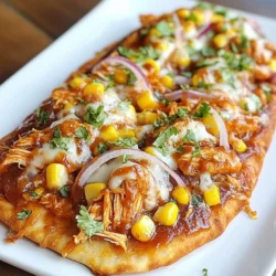 - 2 large flatbreads - 1 cup cooked chicken - ½ cup BBQ sauce - 1 cup shredded mozzarella cheese - ¼ cup red onion - ½ cup sweet corn - ¼ cup fresh cilantro - 1 tablespoon olive oil - Salt and pepper to taste - Additional toppings (jalapeños, green peppers, etc.) - Different types of cheese For this BBQ chicken flatbread pizza, you need a few key items. First, grab two large flatbreads. You can buy these at the store or make your own if you feel adventurous. Next, you need one cup of cooked chicken. You can use rotisserie chicken for quick prep. The BBQ sauce is crucial. A half cup of your favorite brand adds flavor. For cheese lovers, one cup of shredded mozzarella cheese is a must. Its gooey texture makes every bite satisfying. Don’t forget the veggies! You will need a quarter cup of thinly sliced red onion and half a cup of sweet corn. These add a nice crunch and sweetness. A quarter cup of fresh cilantro brings a burst of freshness to your pizza. Lastly, you will need one tablespoon of olive oil. This adds a nice flavor and helps the flatbread crisp up. Season with salt and pepper to taste for the perfect touch. Feel free to get creative! You can add optional toppings like jalapeños or green peppers. Different cheeses can also change the flavor for the better. Think about what you love and mix it in! {{ingredient_image_1}} - Start by shredding your cooked chicken. I like using rotisserie chicken for ease. - Place the shredded chicken in a mixing bowl. Add ½ cup of your favorite BBQ sauce. - Mix well until the chicken is fully coated in the sauce. This gives it great flavor. - Preheat your oven to 425°F (220°C). - Take two large flatbreads and place them on a large baking sheet. - Brush a thin layer of olive oil on each flatbread. This helps them get crispy. - Evenly spread the BBQ chicken mixture over the flatbreads, leaving a border. - Sprinkle 1 cup of shredded mozzarella cheese over the chicken. - Add ¼ cup of thinly sliced red onion and ½ cup of sweet corn on top. - Season with a pinch of salt and pepper for extra taste. - Once your oven is ready, bake the flatbreads for about 10-12 minutes. - Check for doneness when the cheese is melted and bubbly. The edges should be crispy. - Remove the flatbreads and sprinkle with ¼ cup of chopped fresh cilantro. - Slice into wedges or squares and serve hot. Enjoy your tasty BBQ chicken flatbread pizza! To get the best crispiness on your BBQ chicken flatbread pizza, oil is key. I brush a thin layer of olive oil on the flatbreads before baking. This helps achieve that golden brown crust. Bake at 425°F until the cheese is bubbly and the edges are crispy, about 10-12 minutes. You can also grill or air fry the flatbreads for a fun twist. If grilling, use medium heat and watch closely. For air frying, cook at 375°F for about 8-10 minutes. Both methods give a nice crunch and smoky flavor. Pair your flatbread pizza with fresh side dishes. A light salad with greens and cherry tomatoes works great. You can also serve it with dips like ranch or guacamole for extra flavor. Garnishing adds a nice touch, too. Fresh cilantro gives a burst of color and taste. Try adding slices of avocado or a sprinkle of chili flakes for some heat. If you want to make more, just double the recipe. It’s easy and saves time. Prepare the chicken mixture and toppings in advance, then assemble when ready to bake. For leftovers, freeze the pizza. Wrap slices in plastic wrap and place them in a freezer bag. This way, you can enjoy your BBQ chicken flatbread pizza later. Just reheat in the oven for a crispy crust again! Pro Tips Choose the Right BBQ Sauce: Select a BBQ sauce that complements your taste preferences, whether you like it sweet, tangy, or spicy, as this will greatly influence the flavor of your pizza. Preheat for Perfect Crispiness: Always preheat your oven to ensure that the flatbread gets crispy on the outside while the cheese melts perfectly on the inside. Customize Your Toppings: Feel free to experiment with additional toppings like jalapeños, bell peppers, or even pineapple for a unique twist on your BBQ chicken flatbread. Fresh Herbs Are Key: Adding fresh cilantro right before serving not only enhances the flavor but also adds a lovely pop of color to your pizza. {{image_2}} You can change the protein in your BBQ chicken flatbread pizza. Pulled pork works well if you want a different taste. You can also use tofu for a vegetarian option. Just make sure to marinate the tofu in BBQ sauce for flavor. This swap makes the dish suitable for everyone. For a lighter option, try adding veggies instead of meat. Bell peppers, mushrooms, and zucchini can bring freshness. You can even add some spinach for extra nutrients. These swaps keep the pizza tasty and fun. BBQ sauce is the star of this dish, but don’t be shy to mix things up! Try different BBQ sauce flavors for a unique twist. Sweet, smoky, or tangy sauces can change the whole pizza vibe. You can even create a mix of sauces for a special touch. If you like heat, add some spice! A dash of hot sauce can wake up your taste buds. You could also sprinkle red pepper flakes on top before baking. This adds a nice kick and makes the pizza exciting. Enjoy experimenting with your flavors! To keep your BBQ chicken flatbread pizza fresh, store leftovers in the fridge. Use airtight containers to prevent air from getting in. Glass containers work great, but plastic ones are fine too. Make sure to cool the pizza down first. This helps keep the crust from getting soggy. You can keep it in the fridge for up to three days. When it’s time to enjoy your leftover pizza, reheat it for the best taste. To retain crispiness, use an oven or toaster oven. Preheat your oven to 350°F (175°C). Place the pizza on a baking sheet for about 10 minutes. Check if the cheese is melted and the crust is warm. If you're in a hurry, you can use a microwave, but it may not stay crispy. Heat it for about 1-2 minutes, but eat it right away. BBQ chicken flatbread pizza stays fresh in the fridge for about three days. Store it in an airtight container to keep it moist. If you want to save space, you can wrap each slice in plastic wrap. Before eating, check for any signs of spoilage. If it looks or smells off, throw it away to stay safe. Yes, you can prepare BBQ chicken flatbread pizza in advance. Mix the chicken with BBQ sauce and store it in the fridge. You can also chop the veggies and cheese ahead of time. When ready to eat, assemble the pizza and bake it. This method saves time on busy days. BBQ chicken flatbread pizza pairs well with many side dishes. Here are some popular options: - Fresh garden salad - Coleslaw for crunch - Sweet potato fries for a twist - A light dip like ranch or blue cheese These sides add balance and flavor to your meal. Absolutely! BBQ chicken flatbread pizza is great for meal prep. You can make several pizzas at once and freeze them. Just bake, slice, and store in freezer-safe bags. When you need a quick meal, reheat a slice in the oven. This way, you enjoy tasty pizza without much effort. This blog post covered everything you need to make delicious BBQ chicken flatbread pizza. We discussed the required and optional ingredients, shared step-by-step instructions, and provided tips for cooking and serving. You can even try variations to suit your taste. Remember, storing leftovers correctly helps preserve the pizza's flavor. I hope these insights inspire you to create your own flavorful flatbread pizza that delights everyone. Enjoy the tasty journey of cooking!