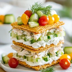 - 1 box of Ritz crackers - 8 oz cream cheese, softened - 1/4 cup mayonnaise - 1 tablespoon Dijon mustard - 1 teaspoon onion powder - 1 teaspoon garlic powder - 1/2 cup finely diced celery - 1/2 cup diced cooked chicken or deli turkey - 1/4 cup chopped fresh dill or parsley - Salt and pepper to taste - Optional: Thinly sliced cucumber or cherry tomatoes for garnish To measure ingredients accurately, use measuring cups and spoons. For the cream cheese, let it sit out for a bit. This makes it easier to mix. When dicing celery and chicken, make sure the pieces are small. This helps the filling spread evenly on the crackers. If you want a different taste, try these swaps: - Use Greek yogurt instead of mayonnaise for a tangy flavor. - Swap chicken for canned tuna or chickpeas for a vegetarian option. - Use chives or basil instead of dill for a fresh twist. - Try low-fat cream cheese if you want a lighter filling. These options keep your sandwiches tasty and fun while catering to different diets! {{ingredient_image_1}} Start with a mixing bowl. Add 8 oz of softened cream cheese. Then, pour in 1/4 cup of mayonnaise. Next, stir in 1 tablespoon of Dijon mustard. Add 1 teaspoon of onion powder and 1 teaspoon of garlic powder. Mix until it’s smooth and creamy. Now, it's time to add some crunch! Fold in 1/2 cup of finely diced celery. Then, add 1/2 cup of diced cooked chicken or deli turkey. Finally, stir in 1/4 cup of chopped fresh dill or parsley. Don’t forget to season with salt and pepper to taste. Make sure everything is well mixed. Grab your Ritz crackers. Take one cracker and spread a generous layer of your cream cheese mixture on top. Next, place another Ritz cracker on the cream cheese layer. Press gently to form a sandwich. Repeat this until you use all the mixture. You’ll have a nice stack of sandwiches. For the best flavor, refrigerate the sandwiches for about 30 minutes. This helps the flavors blend well together. If you want a pretty touch, add thin slices of cucumber or cherry tomatoes on top. You can slice the sandwiches for easier serving too. Enjoy your tasty Ritz cracker party sandwiches! To make a smooth cream cheese mix, start with softened cream cheese. This helps it blend well. Use a fork or a hand mixer to whip it. Mix in mayonnaise and Dijon mustard for a tangy kick. Add onion and garlic powder for flavor. Stir until the mix is creamy and smooth. You want a nice spread that holds together well. Make sure to taste your blend. You can add more salt or pepper to your liking. If you want a little crunch, mix in finely diced celery. This adds texture and freshness to the blend. When arranging your Ritz cracker sandwiches, think about color and height. Stack them neatly on a platter. You can alternate colors if you use different toppings. For example, thinly sliced cucumbers or bright cherry tomatoes look great on top. Use small toothpicks to hold the sandwiches together. This makes them easy to pick up. You can also create a fun display with a variety of shapes. For a touch of class, serve them on a tiered stand. This adds height and draws the eye. These sandwiches pair well with many drinks. Try serving them with iced tea or lemonade for a refreshing taste. For a more adult option, pair them with white wine or a light beer. You can also serve them with veggies and dip. Carrot sticks or bell pepper slices add crunch and color. This creates a fun, balanced snack spread. Add some fruit, like grapes or berries, for a sweet touch. This mix of flavors will delight your guests. Pro Tips Use Room Temperature Ingredients: Ensuring your cream cheese is softened at room temperature allows for easier mixing and a smoother consistency in your filling. Add a Crunch: For an extra layer of texture, consider adding chopped nuts or crispy bacon bits to the filling for a delightful crunch. Make Ahead: Prepare the filling a day in advance and store it in the refrigerator. This not only saves time but also enhances the flavors as they meld together. Garnish for Presentation: Elevate your sandwiches by garnishing them with fresh herbs or colorful vegetable slices, making them visually appealing on your serving platter. {{image_2}} You can swap the chicken or turkey for other proteins. Tuna or ham works well. For a fun twist, try crab meat. You can also use a mix of proteins. Just keep the cream cheese base the same. This keeps the flavor rich and creamy. For a vegetarian option, leave out the meat. Add more diced veggies instead. You can use bell peppers, carrots, or olives. Cream cheese pairs great with these. Try adding avocado for creaminess. This version is fresh and colorful. Seasonal flavors can make your sandwiches pop. In spring, add fresh herbs like basil or chives. In summer, use diced tomatoes for a juicy bite. In fall, try adding apple chunks for sweetness. In winter, mix in some roasted red peppers for warmth. These flavors keep it interesting and fun. You can store leftover Ritz Cracker sandwiches easily. Place them in an airtight container. Keep them in the fridge for up to three days. If you leave them out, they may get soggy. So, always store them cold. Use a shallow plastic or glass container. This helps keep the sandwiches fresh. Make sure it has a tight lid. If you stack them, place parchment paper between layers. This stops them from sticking together. If you want to save them longer, freezing is a great option. Wrap each sandwich tightly in plastic wrap. Then, place them in a freezer bag. Remove as much air as possible to prevent freezer burn. You can freeze them for up to a month. When you're ready to eat, thaw them in the fridge overnight. Enjoy fresh flavors again! Yes, you can make these sandwiches ahead of time. Prepare them a few hours before your event. This helps the flavors mix well. Just store them in the fridge. I recommend chilling them for at least 30 minutes. The longer they sit, the better they taste. If you want a different spread, try ricotta or goat cheese. Both options work well with the other ingredients. You can also use hummus for a twist. It adds a nice flavor and is great for a lighter option. Yes, there are gluten-free crackers available. Look for brands that mimic the texture of Ritz. You can also use rice cakes. They are light and crunchy, making them a great choice. Always check the labels to ensure they are gluten-free. This blog post covers everything you need to know to make delicious Ritz cracker sandwiches. We explored the key ingredients, offered step-by-step instructions, and shared useful tips for the best results. I highlighted alternatives for proteins and flavors, helping you tailor the recipe to your taste. Finally, we discussed how to store leftovers and answered common questions. Try these sandwiches at your next gathering for a tasty treat everyone will enjoy. Enjoy creating your own unique versions of this simple snack!
