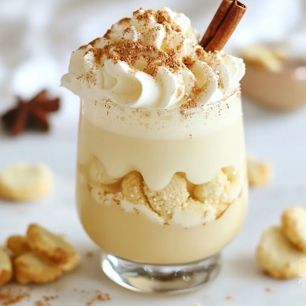 - 1 cup eggnog (store-bought or homemade) - 1/2 cup milk - 1/4 cup vanilla syrup - 1/2 teaspoon ground nutmeg - 1/4 teaspoon ground cinnamon - 1/2 cup heavy cream - 3-4 sugar cookies, crushed (plus extra for garnish) - Whipped cream for topping - Cinnamon stick (for garnish, optional) For this Winning Sugar Cookie Eggnog Cocktail, you will need: - 1 cup of eggnog gives a creamy base. - 1/2 cup of milk makes it lighter. - 1/4 cup of vanilla syrup adds sweetness. - 1/2 teaspoon of ground nutmeg brings warmth. - 1/4 teaspoon of ground cinnamon adds spice. - 1/2 cup of heavy cream makes it rich and smooth. - 3-4 sugar cookies, crushed, provide fun texture. - Whipped cream on top creates a cozy finish. - A cinnamon stick is optional but festive. For eggnog, I love using organic options like Organic Valley or Horizon. They taste fresh and rich. For vanilla syrup, I recommend Torani or Monin. Their flavors are strong and blend well with the eggnog. Choose these brands for the best results! {{ingredient_image_1}} First, grab a blending pitcher. Pour in 1 cup of eggnog. You can use store-bought or homemade eggnog. Add 1/2 cup of milk next. Then, mix in 1/4 cup of vanilla syrup. Sprinkle in 1/2 teaspoon of ground nutmeg and 1/4 teaspoon of ground cinnamon. Whisk everything well until it is smooth and creamy. This mixture is the heart of your cocktail. Next, take a separate bowl. Pour in 1/2 cup of heavy cream. Use a mixer to whip the cream. Whip until soft peaks form. This means the cream should look fluffy but not too stiff. Be careful not to over-whip. Gently fold the whipped cream into the eggnog mixture. This adds a light and airy feel to your drink. Now, it’s time to bring it all together. Add 3-4 crushed sugar cookies to the eggnog mix. Stir gently to blend in the flavors. This step gives your cocktail a sweet, cookie-like taste. Pour the cocktail mixture into glasses, filling them halfway. Top each glass with whipped cream. For a festive touch, garnish with extra crushed cookies. You can also add a cinnamon stick if you like. Serve right away and enjoy this sweet holiday treat! To whip cream well, use cold tools. A cold bowl helps keep it fluffy. Start with heavy cream. Pour it into your bowl and whisk. Whisk until soft peaks form. This means the cream holds its shape. Avoid over-whipping; it can turn to butter. Keep it light and airy for the best mix. You can add more spices for fun flavors. Try using a pinch of ginger or cloves. They bring warmth and depth to the cocktail. You can also add a splash of vanilla extract for sweetness. Adjust the spices to fit your taste. Always start small, then taste and tweak. Make your drink look festive! Use clear glasses to show off layers. Top each glass with a generous dollop of whipped cream. Sprinkle extra crushed sugar cookies on top. Add a cinnamon stick for a fun touch. You can also use colorful straws for a pop of color. Serve with a smile for the best experience! Pro Tips Use Fresh Nutmeg: For the best flavor, grate fresh nutmeg instead of using pre-ground nutmeg. It adds a more aromatic and intense flavor to your cocktail. Chill Your Ingredients: Make sure your eggnog and milk are chilled before mixing. This helps keep the cocktail cold and refreshing without needing excess ice. Experiment with Flavors: Feel free to add a splash of bourbon or rum for an extra kick. This can enhance the holiday spirit of your cocktail. Presentation Matters: Use festive glasses and consider rimming them with crushed sugar cookies for an extra touch of sweetness and a beautiful presentation. {{image_2}} If you have dietary needs, you can still enjoy this drink. For a dairy-free option, use almond or oat milk instead of regular milk. You can swap the heavy cream with coconut cream for a rich texture. If you want to cut sugar, use a sugar-free vanilla syrup. Each change gives a unique twist while keeping the drink delicious. You can also change the flavors of this cocktail. For a chocolate version, add 2 tablespoons of chocolate syrup to the eggnog mixture. This will make it rich and sweet. If you like peppermint, add a few drops of peppermint extract. You can also crush peppermint candies for garnish. Both options add a fun holiday cheer! This cocktail is great served cold, but you can also serve it warm. Just heat the eggnog and milk mixture gently on the stove. Be careful not to boil it! Once warm, mix in the whipped cream and crushed cookies. Serve it in mugs for a cozy feel. Whether you choose cold or warm, it will taste amazing! If you have leftover cocktail mix, store it in an airtight container. Keep it in the fridge. This way, it stays fresh for later use. Make sure to seal it well to avoid spills. When you're ready to enjoy it again, give it a good stir before serving. Eggnog can last about 5 days in the fridge once opened. Milk usually stays good for about a week. Vanilla syrup can last for a few months if kept in a cool place. Heavy cream, when unopened, can last for a few weeks. Always check dates on packages to ensure freshness. You can make the eggnog base a day ahead. Just mix the eggnog, milk, vanilla syrup, nutmeg, and cinnamon. Store it in the fridge. Whip the cream just before serving for the best texture. Crush your sugar cookies ahead of time, too. This saves you time when you want to treat friends or family. Yes, you can make this drink non-alcoholic. Just remove any alcohol. The base of eggnog gives it a creamy, rich taste. You can add more vanilla syrup if you want it sweeter. This way, everyone can enjoy the festive flavor! You should use soft sugar cookies for this recipe. They blend well into the drink. Look for cookies with vanilla flavor. This adds to the sweetness and richness. If you like, you can also use frosted cookies. They’ll give a nice touch to your cocktail. To make homemade eggnog, you need a few simple ingredients. Mix 4 egg yolks with 1/3 cup sugar. Whisk until smooth. Then, add 2 cups of milk, 1 cup of cream, and 1 teaspoon vanilla. Cook on low heat until slightly thickened, then chill. This will give your cocktail a fresh taste! Yes, you can use different types of milk or cream. Almond milk or oat milk works well for a lighter drink. Coconut cream can add a unique flavor, too. Just make sure the milk you choose is unsweetened. This helps keep the balance of flavors in your cocktail. This blog post covered all you need for a perfect eggnog drink. We explored the essential ingredients, including measurements and recommended brands. You learned step-by-step instructions for preparing the drink and whipping cream. I shared tips to enhance flavor and improve presentation. You discovered variations to fit different tastes and dietary needs. Lastly, we discussed how to store leftovers and answered common questions. With this knowledge, you can impress your friends and family. Enjoy making your eggnog cocktail year-round!
