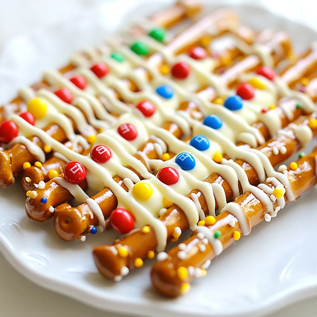 - 12 pretzel rods - 1 cup white chocolate chips - 1 cup milk chocolate chips - 1 cup colorful candy melts (red, green, yellow, blue) - 1/2 cup mini M&M’s or any colorful candy for decoration - 1 teaspoon coconut oil (optional for smooth chocolate) - Sprinkles (optional, for extra sparkle) You can add more fun to your pretzel rods with different toppings. Here are some ideas: - Chopped nuts for crunch - Mini marshmallows for extra sweetness - Crushed peppermint for a minty twist If you don’t have all the ingredients, here are some swaps: - Use dark chocolate chips instead of milk chocolate. - Swap in white baking chocolate for white chocolate chips. - If you can’t find candy melts, use colored chocolate chips. - For candy decoration, try using chocolate-covered raisins or gummy candies. Feel free to mix and match! These fun pretzel rods allow for lots of creativity, making them perfect for your holiday treats. {{ingredient_image_1}} First, gather your chocolate chips. You need white and milk chocolate chips. Use separate microwave-safe bowls for each type. Microwave them in 20-second bursts. Stir after each time until smooth. If you want, add one teaspoon of coconut oil. This makes the chocolate nice and smooth. Now, grab your pretzel rods. Dip each rod into the melted chocolate. Make sure to cover it well. Let the extra chocolate drip off. A fork can help you lift them out. This keeps the chocolate thick and even. It’s time to have fun! While the chocolate is still wet, sprinkle mini M&M’s on the rods. You can also add colorful candies. For a festive touch, drizzle melted candy melts in zigzag lines on top. This looks just like Christmas lights! Next, place your decorated pretzel rods on a baking sheet lined with parchment paper. Put them in the fridge for 15 to 20 minutes. This helps the chocolate harden. You want it to be firm and set. Once the chocolate is set, you can add sprinkles if you like. This gives your pretzel rods extra sparkle. Now they are ready to be served! Arrange them on a festive platter and enjoy the smiles they bring! To make smooth chocolate, use good quality chocolate chips. I recommend adding coconut oil. It makes the chocolate shiny and smooth. Heat the chocolate in short bursts in the microwave. Stir it often. This keeps it from burning. Aim for a creamy texture that is easy to dip. When dipping pretzel rods, hold them by one end. Dip them straight into the melted chocolate. Let the excess chocolate drip off. Use a fork if needed. This helps keep the coating even. Work quickly to add your candy before the chocolate hardens. It keeps the treats bright and fun. To make your pretzel rods look like Christmas lights, drizzle colorful candy melts over them. Use a zigzag pattern for a playful effect. Add mini M&M's along the length of the rod. This adds color and texture. You can also sprinkle on fun sprinkles for extra flair. Let your creativity shine! Pro Tips Use Quality Chocolate: Opt for high-quality chocolate chips to ensure a smooth melt and rich flavor in your pretzel rods. Experiment with Colors: Feel free to mix and match different candy melt colors to create unique designs that pop! Keep Your Workspace Clean: Use parchment paper to line your baking sheet; it makes cleanup easier and prevents sticking. Make Ahead: These pretzel rods can be made a day in advance and stored in an airtight container for maximum freshness. {{image_2}} You can use various chocolates for your pretzel rods. Try dark chocolate for a rich taste. White chocolate gives a sweet and creamy flavor. Milk chocolate is a classic choice, loved by many. You can also mix these chocolates for fun flavor twists. For a fun look, use colored candy melts. This adds cheer to your treats. You can change the colors to match the season. For Halloween, use orange and black candy melts. For Valentine's Day, go with pink and red. You can even use pastel colors for Easter. This way, you can make the same treat for different holidays. Get creative with colors to make your treats unique! The toppings can make your pretzel rods even more fun. Instead of mini M&M’s, try crushed nuts or sprinkles. You can also add coconut flakes for a tropical twist. If you love a crunch, add pretzel bits or toffee pieces. Remember, the more colorful, the better! This makes your holiday treats pop and look festive. To keep your Christmas Lights Pretzel Rods fresh, store them in an airtight container. Use parchment paper between layers to stop sticking. This will keep them nice and pretty. Stored properly, these pretzel rods last about one week. After a few days, chocolate may lose some shine. If you want them to stay fresh, avoid warm places. A cool, dry spot works best. You can freeze these pretzel rods! Place them in a single layer on a baking sheet. Once frozen, transfer them to a freezer-safe bag. They’ll keep for up to three months. When ready to eat, thaw them in the fridge for a few hours. Yes, you can make these pretzel rods ahead of time. They taste great even after a few days. Just store them in an airtight container. Keep them in a cool place to avoid melting the chocolate. If you don’t have candy melts, try using colored chocolate chips. Regular chocolate works too. Just melt them as you would the candy melts. This keeps the fun colors while adding a tasty twist. To gift these pretzel rods, use clear treat bags. Tie them with a colorful ribbon for a festive look. You can also place them in a decorative box. Adding a personal note makes it even more special. Yes, you can find gluten-free pretzel rods at many stores. Check the label to be sure. This way, everyone can enjoy your tasty treats during the holidays! You now have a complete guide to making delicious chocolate-dipped pretzel rods. We covered the key ingredients, step-by-step instructions, and creative variations. You learned tips to ensure smooth chocolate and perfect designs. Proper storage techniques help keep your treats fresh. With this knowledge, you can make tasty snacks for any occasion. Enjoy sharing your creations with friends and family!
