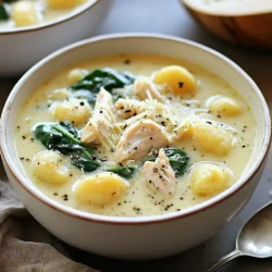 - 1 tablespoon olive oil - 1 medium onion, diced - 2 cloves garlic, minced - 2 medium carrots, diced - 2 celery stalks, diced - 1 pound chicken breast, diced - 4 cups chicken broth - 1 teaspoon dried thyme - 1 teaspoon dried oregano - Salt and pepper to taste - 1 package (16 ounces) potato gnocchi - 1 cup heavy cream - 2 cups fresh spinach - ½ cup grated Parmesan cheese You can add some extra flavor with these optional ingredients: - 1 bay leaf for depth - A squeeze of lemon juice for brightness - Fresh herbs like parsley or basil for garnish - Red pepper flakes for a little heat If you lack some ingredients, try these swaps: - Use vegetable broth instead of chicken broth for a lighter taste. - Swap chicken breast with rotisserie chicken for faster prep. - You can use half-and-half instead of heavy cream for a lighter soup. - If you don't have gnocchi, small pasta like ditalini works well too. Finding the right ingredients makes your creamy chicken gnocchi soup just right. Enjoy the cozy comfort it brings! {{ingredient_image_1}} To make this creamy chicken gnocchi soup, you will need to gather your ingredients. First, chop your onions, carrots, and celery. Dice the chicken breast into small pieces. Mince the garlic cloves. Prepare everything before cooking. This will help your cooking go smoothly. 1. Heat the Olive Oil: Start by heating one tablespoon of olive oil in a large pot over medium heat. This oil adds flavor and helps cook the vegetables. 2. Sauté the Onion: Add your diced onion to the pot. Sauté for about 3 to 4 minutes. When the onion turns translucent, it's ready for the next step. 3. Add Garlic, Carrots, and Celery: Now, stir in the minced garlic, diced carrots, and diced celery. Cook for another 5 minutes. Stir occasionally to avoid burning. 4. Cook the Chicken: Next, add the diced chicken breast. Cook it until there is no pink left, about 5 to 7 minutes. Season with thyme, oregano, salt, and pepper for depth of flavor. 5. Pour in Chicken Broth: Carefully pour in 4 cups of chicken broth. Bring it to a gentle boil. Reduce the heat and let it simmer for 10 minutes. This allows all the flavors to blend. 6. Add Gnocchi: Now, add one package of potato gnocchi to the pot. Cook for about 3 to 5 minutes. You know it’s done when the gnocchi floats to the top. 7. Stir in Cream and Spinach: Add one cup of heavy cream and 2 cups of fresh spinach. Cook for another 2 to 3 minutes. You want the spinach to wilt and mix well. 8. Mix in Parmesan Cheese: Finally, remove the pot from heat. Stir in ½ cup of grated Parmesan cheese. Mix until the cheese melts and blends into the soup. Taste and adjust your seasoning if needed. Once your soup is ready, serve it hot in large bowls. For a beautiful touch, garnish with extra Parmesan cheese and a sprinkle of fresh herbs. This makes the soup look inviting and adds a burst of flavor. To make your creamy chicken gnocchi soup just right, focus on fresh ingredients. Fresh vegetables add nice flavors. Sauté onion, garlic, carrots, and celery well. This step builds a good base for your soup. Cook them until they are soft, but don’t let them brown. When you add the chicken, cook it until it’s no longer pink. This ensures safety and taste. Season your soup with dried thyme and oregano. These herbs add depth to your dish. Adjust salt and pepper at the end for the best flavor. To save time, prep your ingredients first. Dice your onion, carrots, and celery in advance. This way, you can cook them quickly. Use pre-cooked chicken or rotisserie chicken if you’re in a hurry. This cuts down cooking time. You can also use frozen gnocchi. It cooks fast and tastes great. Keep an eye on the soup while it simmers. You want to get the flavors right without overcooking the gnocchi. You need some basic tools to make this soup. A large pot or Dutch oven is best for cooking. It holds all your ingredients and distributes heat evenly. A sharp knife helps with chopping vegetables. A wooden spoon works well for stirring. If you have one, a ladle makes serving easier. A measuring cup is great for the chicken broth and cream. Finally, a grater is handy for the Parmesan cheese. These tools will help you create a tasty soup quickly and easily. Pro Tips Fresh Ingredients: Using fresh vegetables and herbs will enhance the flavor of your soup significantly. Chicken Cooking: Make sure to cook the chicken thoroughly until it reaches an internal temperature of 165°F for safety. Gnocchi Cooking: Gnocchi is done cooking when it floats to the top of the soup; avoid overcooking to keep them light and fluffy. Adjusting Creaminess: For a lighter soup, you can substitute half of the heavy cream with milk or use a plant-based cream alternative. {{image_2}} You can change the chicken to fit your tastes. Try diced turkey for a leaner choice. Shrimp also works well if you like seafood. For a rich flavor, use sausage. Cook it first, then add it to the soup. Each protein adds a new taste and texture to the dish. You can make this soup meat-free easily. Swap the chicken for chickpeas or lentils. These give it protein and fiber. Use vegetable broth instead of chicken broth. For creaminess, try coconut milk or cashew cream. Fresh veggies like mushrooms and bell peppers add depth. This way, you keep all the flavor without meat. Want to jazz up your soup? Add fresh herbs like basil or dill for a bright taste. You could also toss in some diced tomatoes for a splash of color. If you like spice, add a pinch of red pepper flakes. For extra greens, throw in kale or zucchini. Each twist makes the soup more exciting and unique. To keep your creamy chicken gnocchi soup fresh, let it cool first. Store it in an airtight container. It will last in the fridge for about three days. Make sure to label your container with the date. This way, you won't forget when you made it. When you're ready to enjoy the soup again, use a pot over low heat. Stir it often to prevent sticking. You can also microwave it in a bowl. Heat it in short bursts, stirring in between. This helps it warm evenly. If the soup seems too thick after storage, add a splash of broth or cream. If you want to save the soup for later, freezing is a great option. Use a freezer-safe container or a zip-top bag. Leave some space at the top, as liquids expand when frozen. It can last up to three months in the freezer. When you're ready to eat, thaw it in the fridge overnight. Reheat as mentioned above for a warm, comforting meal. What is creamy chicken gnocchi soup? Creamy chicken gnocchi soup is a rich dish. It has tender chicken, soft gnocchi, and fresh veggies. The broth is creamy and full of flavor. How do I store leftovers? Store leftovers in an airtight container. Keep it in the fridge for up to three days. Can I make this soup ahead of time? Yes, you can prepare the soup a day before. Just reheat it on the stove before serving. What pairs well with creamy chicken gnocchi soup? This soup goes well with crusty bread, salad, or garlic bread. A light green salad adds freshness to the meal. Are there any good sides to avoid? Avoid heavy sides like fried foods. They can make the meal too filling and rich. What are the main nutrients in this soup? Creamy chicken gnocchi soup has protein from chicken and cheese. It also offers fiber from veggies like carrots and spinach. Is it healthy? This soup can be part of a balanced diet. Use low-fat cream and add more veggies for a healthier version. Are there any dietary concerns? This soup contains dairy and gluten. If you're lactose intolerant or gluten-free, use suitable substitutes. This blog post covered all key points for making creamy chicken gnocchi soup. We explored the best ingredients and how to swap them for unique flavors. The step-by-step guide ensures you’ll cook it perfectly every time. Plus, I shared tips to save time and enhance taste. Variations offer fun twists, and I gave you best practices for storage. Now, it’s time to get cooking! Enjoy your delicious soup creation and make it your own.