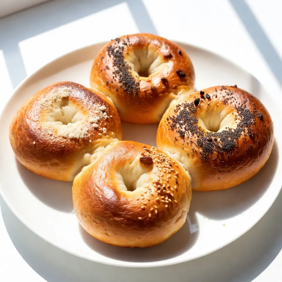 To make these tasty everything bagels, gather the following items: - 4 cups all-purpose flour - 1 packet (2 ¼ teaspoons) active dry yeast - 1 ½ cups warm water (about 110°F) - 1 tablespoon sugar - 1 tablespoon salt - 2 tablespoons honey (for boiling) - 1 tablespoon garlic powder - 1 tablespoon onion powder - 1 tablespoon poppy seeds - 1 tablespoon sesame seeds - 1 teaspoon coarse sea salt - Optional: Everything bagel seasoning mix (store-bought or homemade) Each ingredient has a specific role. The flour gives structure. The yeast helps the bagels rise. If you run out of all-purpose flour, you can use bread flour instead. It gives a chewier texture. For the yeast, use instant yeast if you prefer. It saves time since you don’t need to activate it. You can skip the garlic and onion powders if you want a milder flavor. Feel free to get creative! You can add toppings like: - Sun-dried tomatoes - Chopped herbs - Crushed red pepper - Cheese These options let you make your bagels unique. You can also try different seasoning mixes for extra fun flavors. Enjoy experimenting! {{ingredient_image_1}} First, we need to wake up the yeast. In a small bowl, mix 1 ½ cups of warm water, 1 tablespoon of sugar, and 1 packet of active dry yeast. Stir gently. Let it sit for about 5-10 minutes. You want it to get frothy. This means the yeast is ready to go. Next, grab a large mixing bowl. Combine 4 cups of all-purpose flour and 1 tablespoon of salt. Make a well in the center. Pour in the yeast mixture. Use a spoon to mix until a shaggy dough forms. This dough will be sticky but don’t worry! Now it’s time to knead the dough. Place it on a floured surface. Knead for about 8-10 minutes until it feels smooth and elastic. Once done, shape it into a ball. Place the dough in a lightly oiled bowl. Cover it with a damp cloth. Let it rise in a warm spot for about 1 hour until it doubles in size. When the dough has risen, punch it down. Divide it into 8 equal pieces. Shape each piece into a ball. Use your finger to poke a hole in the center. Gently stretch it to form a ring. Preheat your oven to 425°F (220°C). In a large pot, bring water to a rolling boil and add 2 tablespoons of honey. Carefully drop 2-3 bagels into the boiling water. Boil them for 1 minute on each side. Use a slotted spoon to remove them and place them back on the baking sheet. Next, make the topping mix. In a small bowl, blend 1 tablespoon of garlic powder, 1 tablespoon of onion powder, 1 tablespoon of poppy seeds, 1 tablespoon of sesame seeds, and 1 teaspoon of coarse sea salt. While the bagels are still wet, sprinkle this mix on top. Finally, bake the bagels in the oven for 20-25 minutes. They should be golden brown and puffed up. Let them cool on a wire rack. Enjoy your homemade everything bagels! To get the right dough texture, use the right flour. All-purpose flour works best. When mixing, make sure to create a well in the flour to help combine wet and dry ingredients. Knead the dough until it feels smooth and elastic. This will take about 8-10 minutes. If the dough is sticky, sprinkle a little more flour as you knead. Boiling the bagels is key. This step gives them that perfect chewy crust. Use honey in the boiling water for a touch of sweetness. Boil each bagel for one minute on each side. This method creates a nice crust while keeping the inside soft. After boiling, sprinkle your toppings while the dough is still wet. This helps the toppings stick better. You can customize your bagels easily. Try adding spices like cinnamon for a sweet twist. Use fresh herbs like rosemary or thyme for a savory flavor. For toppings, think beyond the basics. Mix seeds, spices, or even cheese for a fun twist. You can make your own everything seasoning by mixing garlic powder, onion powder, poppy seeds, sesame seeds, and coarse sea salt. Pro Tips Use Fresh Yeast: Always check the expiration date on your yeast to ensure it's active. Fresh yeast will give your bagels a better rise and texture. Kneading Technique: When kneading, use the palm of your hand to push the dough away from you, fold it back, and rotate. This develops gluten for a chewier bagel. Boiling Tips: Boil the bagels for a full minute on each side for that perfect chewy texture. Adding honey to the water enhances the bagel's flavor and glaze. Storing Bagels: To keep bagels fresh, store them in an airtight bag at room temperature for up to 2 days. For longer storage, freeze them, and toast directly from the freezer. {{image_2}} You can have fun with bagel flavors. Each type brings its own unique taste. For onion bagels, simply add finely chopped onions to your dough. Garlic bagels need garlic powder mixed into the dough. For something sweet, add cinnamon and raisins for a delightful twist. You can even mix flavors to create your favorite bagel. The sky's the limit! If you need gluten-free bagels, use gluten-free flour mix instead of all-purpose flour. Look for one that has xanthan gum in it. This will help the bagels rise. To make vegan bagels, skip the honey in the boiling water. Instead, use maple syrup or agave nectar. You can still enjoy your bagels without gluten or animal products. Toppings can change the whole bagel experience. Instead of the classic everything mix, try using herbs like thyme or rosemary. You can also sprinkle cheese for a savory bite. For a sweet touch, use cinnamon sugar on top. If you want a spicy kick, add chili flakes. Experiment with your favorite flavors to make your bagels special! Once your bagels cool, store them in a plastic bag. This helps keep them soft. If you want to keep them fresh longer, place them in an airtight container. If you live in a hot area, store them in the fridge. This prevents mold. To freeze bagels, wrap each one in plastic wrap. Then place them in a freezer bag. This keeps out air and freezer smells. When you want to eat one, take it out and thaw it. You can also toast frozen bagels straight from the freezer. This gives you a warm, crunchy treat. Keep bagels at room temperature for up to two days. If you want them to last longer, freeze them. For the best taste, always toast your bagels before eating. This makes them warm and delicious again. Enjoy them with cream cheese or your favorite spread! Homemade bagels stay fresh for about 2-3 days at room temperature. Store them in a bag. If you want them to last longer, freeze them. They can keep for up to 3 months in the freezer. Just make sure to wrap them tightly. Boiling gives bagels their unique texture. However, you can skip this step for a softer bagel. Just bake them directly. The result will be more like a bread roll, but they will still taste good. The everything bagel comes from New York City. It first appeared in the 1980s. This bagel combines many toppings like garlic, onion, and seeds. It is a favorite for many bagel lovers. Yes, you can use instant yeast in place of active dry yeast. Use the same amount, but you can skip the activation step. Just mix it directly with the flour and salt. Your bagels are ready when they turn golden brown. They should be puffy and firm to the touch. You can also tap the bottom; a hollow sound means they are done. You now have the steps to make homemade bagels. We covered the key ingredients and their measurements, plus how to customize your bagels. I shared detailed steps for making, boiling, and baking them perfectly. Always remember the tips for great texture and flavor. Explore various bagel types and how to store them for freshness. With these insights, you can bake delicious bagels anytime you want. Enjoy your bagel-making journey and share your results!