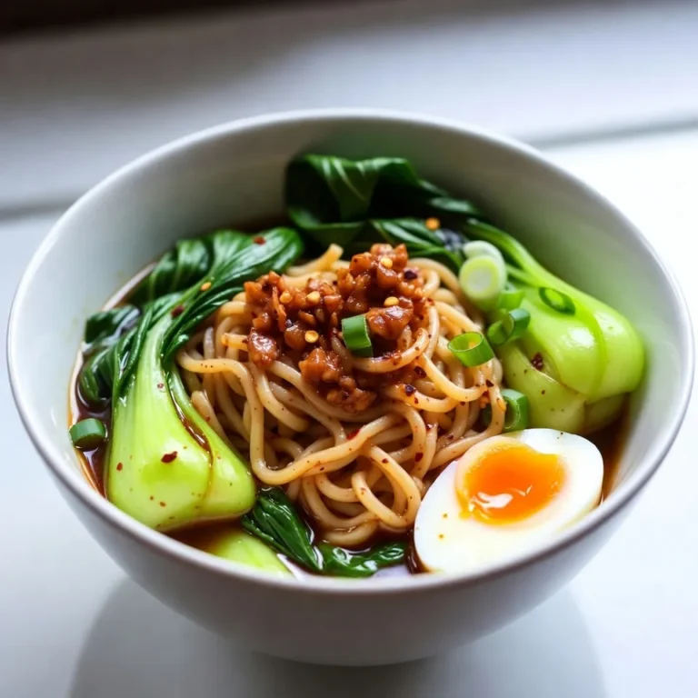 To make Spicy Garlic Butter Ramen, you need simple yet tasty ingredients. Here’s what you will need: - 2 packs of instant ramen noodles (discard the seasoning packets) - 4 tablespoons unsalted butter - 6 cloves garlic, minced - 1 teaspoon red pepper flakes (adjust based on spice preference) - 2 cups vegetable broth - 1 cup water - 2 tablespoons soy sauce - 2 green onions, sliced - 1 tablespoon sesame oil - 1 cup baby bok choy, roughly chopped - 2 eggs (optional) - Salt and pepper to taste These items create a rich and flavorful dish. The butter and garlic mix well to bring out deep flavors. You can add some ingredients for extra taste. Consider these options: - Toasted sesame seeds for crunch - Nori (seaweed) strips for umami - Fresh herbs like cilantro or basil for freshness - Chili oil for more heat These additions help you customize your ramen just how you like it. If you love spice, you can easily adjust it. Start with the red pepper flakes. Add more if you want it hotter. You can also use fresh chili peppers or chili paste for a different kick. For milder flavors, skip the red pepper flakes. You can also try sweet soy sauce or a little sugar to balance the heat. This dish is all about making it your own! {{ingredient_image_1}} First, grab a large pot. Pour in the vegetable broth and water. Bring this mix to a boil. Once it bubbles, add the instant ramen noodles. You can follow the package guide to cook them. You want them just tender. After cooking, drain the noodles and set them aside. This step is key for a great texture. In the same pot, melt the butter over medium heat. Once it’s melted, toss in the minced garlic and red pepper flakes. Stir and sauté for one to two minutes. This helps the garlic flavor shine. Be careful not to burn the garlic; it can turn bitter. After that, pour in the soy sauce and sesame oil. Mix well to blend the flavors. Now, add the chopped bok choy to the pot. Cook for about two minutes until it wilts. Then, toss the cooked ramen noodles back into the pot. Stir everything well to coat the noodles in the spicy garlic butter sauce. Let it all cook together for one to two minutes. This allows the noodles to soak in the great flavors. If you want, boil or poach eggs in a separate pan. Soft-boiled eggs work best for this dish. Finally, season the ramen with salt and pepper to taste. Serve in bowls, topped with green onions and eggs if you choose. Enjoy your delicious creation! To get the best ramen texture, cook the noodles just right. Follow the package time closely. You want them tender, but not mushy. Drain the noodles right away. This helps them stay firm. Rinse the noodles briefly under cold water to stop the cooking. This step keeps them from clumping together. Mixing them with the spicy garlic butter sauce will give them a lovely taste and texture. To boost the flavors in your ramen, use fresh ingredients. Fresh garlic and green onions add a strong taste. Adjust the red pepper flakes to match your spice level. More flakes mean more heat! Try adding other sauces like sriracha for extra flavor. If you want a tangy kick, add a splash of rice vinegar. These small changes can make a big difference in taste. A common mistake is overcooking the noodles. This can lead to a mushy texture. Always keep an eye on the cooking time. Another mistake is not seasoning enough. Taste your ramen before serving. If it lacks flavor, add salt and pepper. This simple step can elevate your dish greatly. Also, don’t skip the garlic sautéing step. Cooking the garlic properly brings out its rich flavor. If you burn it, the taste will be bitter. Enjoy your cooking! Pro Tips Tip Title: Use Fresh Ingredients: For the best flavor, opt for fresh garlic and vegetables instead of pre-packaged options. Tip Title: Adjust Spice Levels: Customize the heat by adding more or fewer red pepper flakes to suit your taste. Tip Title: Perfectly Cooked Eggs: For a soft-boiled egg, cook for about 6-7 minutes and then plunge into ice water to stop the cooking process. Tip Title: Broth Variations: Experiment with different broth flavors, like mushroom or spicy vegetable, to give your ramen a unique twist. {{image_2}} You can add proteins to make your spicy garlic butter ramen even heartier. Here are great options: - Chicken: Grilled or shredded chicken adds nice flavor. It pairs well with garlic. - Shrimp: Sauté shrimp until pink and toss them in for a seafood twist. - Tofu: Firm tofu gives a great texture. Pan-fry it for a crispy touch. - Pork: Cooked pork belly or sliced ham adds a rich, savory note. Adding protein boosts the meal's nutrition and flavor. Choose what you love best! If you want a vegetarian or vegan version, you can easily swap some ingredients. Here are my tips: - Butter Replacement: Use vegan butter or olive oil instead of unsalted butter. - Eggs: Skip the eggs or use tofu scramble as an egg alternative. - Broth: Make sure your vegetable broth is vegan. Some brands add meat. - Add Beans: Chickpeas or edamame can add protein and flavor. These swaps keep the dish delicious while meeting dietary needs. Feel free to mix in different veggies to your ramen. Here are some tasty choices: - Spinach: Add fresh spinach for a vibrant color and nutrition boost. - Carrots: Julienned carrots add crunch and sweetness. - Bell Peppers: Sliced bell peppers provide a sweet, crisp texture. - Mushrooms: Shiitake or button mushrooms enhance the umami flavor. You can customize your spicy garlic butter ramen with any veggies you love. Have fun experimenting! I recommend you store leftovers in an airtight container. This keeps the flavors fresh. Let the ramen cool down to room temperature first. Then, seal the container tightly. Leftovers can last in the fridge for up to three days. If you want to keep them longer, freezing is a great option. To reheat your ramen, place it in a pot over medium heat. Add a splash of water or broth to help it heat evenly. Stir often to avoid burning. Heat until it’s hot, but don’t boil it. You can also use the microwave. Just cover it loosely and heat for one minute. Stir and heat again if needed. If you want to freeze your ramen, skip adding the bok choy and eggs. These don’t freeze well. Store the noodles and sauce separately in freezer-safe bags. They can last up to two months in the freezer. When you’re ready to eat, thaw in the fridge overnight. Then reheat as mentioned above. Enjoy your spicy garlic butter ramen even later! To adjust spiciness, change the amount of red pepper flakes. Start with one teaspoon. Taste, then add more if you like it hotter. You can also add chili oil for extra heat. Always remember, it’s easier to add than take away. Yes, you can make this recipe dairy-free. Instead of butter, use vegan butter or olive oil. Both options will work well in the sauce. They will give you a nice flavor without the dairy. Instant ramen noodles are the best for this dish. They cook quickly and absorb the sauce nicely. You can also use fresh ramen for a chewier texture. Just adjust cooking time as needed. You now have all you need to make delicious spicy garlic butter ramen. The key ingredients and preparation steps set the foundation for bold flavors. Remember the tips to perfect the texture and avoid common mistakes. You can customize this dish with proteins, veggies, or spice levels to match your taste. Lastly, store leftovers properly to enjoy later. Get ready to impress your friends and family with your new cooking skills!