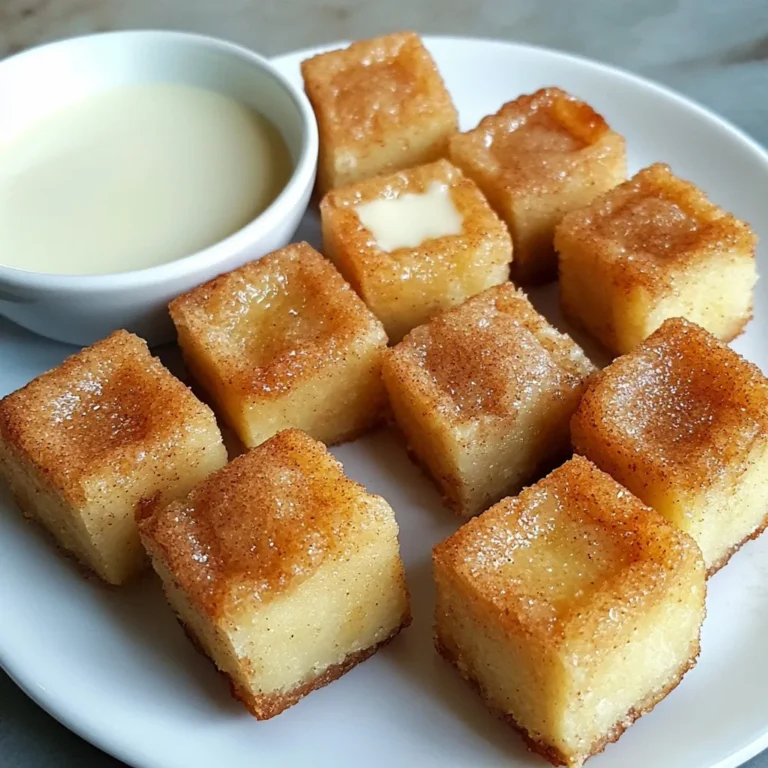 - 1 cup unsalted butter, melted - 1 cup brown sugar, packed - 1 cup granulated sugar - 2 large eggs - 2 teaspoons vanilla extract - 2 cups all-purpose flour - 1 teaspoon baking powder - 1 teaspoon baking soda - 1/2 teaspoon salt - 2 teaspoons ground cinnamon - 1/4 cup granulated sugar (for topping) - Optional: 1/2 cup white chocolate chips - You can swap unsalted butter for coconut oil. This makes it dairy-free. - Brown sugar adds moisture and flavor. Granulated sugar is sweeter and lighter. - For a vegan option, use flax eggs or applesauce instead of real eggs. Snickerdoodle Blondie Bites are a simple treat. Each ingredient plays a role. The butter gives richness, while sugars add sweetness. Eggs help bind and give structure. Flour holds it all together. The leavening agents, baking powder and baking soda, make them fluffy. Ground cinnamon adds a warm, cozy flavor. If you like sweetness, add white chocolate chips. They melt into gooey bites of joy. These substitutions keep the spirit of the recipe alive. They allow you to cater to different diets. Adjusting ingredients can lead to fun new flavors. Enjoy experimenting with these delightful bites! {{ingredient_image_1}} 1. Preheat your oven to 350°F (175°C). Grease a 9x9 inch baking pan or use parchment paper for easy removal. 2. In a large bowl, mix 1 cup of melted butter, 1 cup of brown sugar, and 1 cup of granulated sugar. Whisk until smooth and creamy. 3. Add 2 large eggs and 2 teaspoons of vanilla extract. Whisk until well mixed. 4. In another bowl, combine 2 cups of all-purpose flour, 1 teaspoon of baking powder, 1 teaspoon of baking soda, 1/2 teaspoon of salt, and 2 teaspoons of ground cinnamon. Slowly add this dry mix to the wet mixture. Stir gently until just combined. 1. Spread the batter evenly in the prepared baking pan. Use a spatula to smooth the top. 2. In a small bowl, mix 1/4 cup of granulated sugar with 1 teaspoon of cinnamon. Sprinkle this mix evenly over the batter. 3. Bake in the oven for 25-30 minutes. Check doneness by inserting a toothpick. It should have slight crumbs, not wet batter. 1. After baking, let the blondies cool in the pan for about 10 minutes. Then, transfer them to a wire rack to cool fully. 2. Once cool, cut them into small bite-sized pieces. Enjoy your sweet treats! To ensure moist blondie bites, start with melted butter. It helps create a soft texture. Do not overmix the batter; mix just until you see no dry flour. This keeps the blondies soft and chewy. Adding white chocolate chips can enhance sweetness. Fold them in gently to avoid breaking. You want to keep the chips whole for tasty bites. For presentation, arrange the blondie bites on a nice plate. Dust them with extra cinnamon sugar for a special touch. You can also serve them with a small bowl of melted chocolate. This adds richness and makes each bite even more fun. Consider pairing your blondie bites with milk or tea for a cozy treat. One common mistake is overmixing the batter. This can make the blondies tough instead of soft. Also, don't skip checking for doneness. A toothpick should come out with a few crumbs, not wet batter. Keep an eye on the edges; they should be golden brown for best results. Pro Tips Use Room Temperature Ingredients: Ensure your eggs are at room temperature for better emulsification, leading to a smoother batter. Don’t Overmix: Mix the batter just until combined to keep the blondies tender and prevent them from becoming tough. Check for Doneness: Use a toothpick to check for doneness; it should come out with a few moist crumbs but not wet batter. Cooling Matters: Allow the blondies to cool completely before cutting them to achieve clean edges and prevent them from falling apart. {{image_2}} You can change the flavor of your Snickerdoodle Blondie Bites in fun ways. Try adding extra spices like nutmeg or ginger for a warm twist. If you like nuts, chop some walnuts or pecans and mix them in. Dried fruits like raisins or cranberries can also add a nice touch. Just remember to keep the balance of flavors right, so they shine through. If you need a gluten-free option, use almond or coconut flour instead of regular flour. This keeps the texture nice and soft. For a vegan version, swap the eggs for flaxseed meal or applesauce. Use a plant-based butter to replace the regular butter. These changes can keep your blondies tasty and friendly for various diets. For fall, you can make pumpkin spice snickerdoodle blondies. Add pumpkin puree and a mix of warm spices like allspice and cloves. In winter, try peppermint variations. Just add crushed peppermint candies or extract to the batter. These festive twists make your blondies perfect for any season. To keep your Snickerdoodle Blondie Bites fresh, store them in an airtight container. This helps retain moisture and flavor. Make sure the bites are completely cool before storing. If they are warm, they may create steam, making them soggy. Use a container that fits the blondie bites snugly. A glass or plastic container with a tight lid works best. You can also use a resealable plastic bag, but remove as much air as possible. You can freeze Snickerdoodle Blondie Bites for later enjoyment. Cut them into squares before freezing. Place them in a single layer on a baking sheet first. Freeze until firm, then transfer them to an airtight container or bag. When freezing, label the container with the date. The blondies will stay fresh for up to three months in the freezer. To thaw, take out the desired amount and let them sit at room temperature for about an hour. To enjoy your blondies after storing, you can gently reheat them. Preheat your oven to 350°F (175°C). Place the blondies on a baking sheet and cover them with foil. Heat for about 10 minutes, or until warmed through. For a fun twist, serve the reheated blondies with a scoop of ice cream or a drizzle of chocolate sauce. This adds a nice touch and makes them feel fresh again. Snickerdoodle Blondie Bites stay fresh for about 3 to 5 days. Store them in an airtight container at room temperature. If you want them to last longer, you can refrigerate them. They may dry out a bit, but they will still taste great. Yes, you can make these blondies a day ahead. Just bake and cool them, then store in an airtight container. This makes them perfect for parties or gatherings. They taste even better after sitting for a bit, as the flavors blend nicely. These blondies are great on their own! You can also serve them with a scoop of vanilla ice cream. A drizzle of caramel or a side of melted chocolate makes them even more special. Try pairing them with a hot cup of cocoa or coffee. Not quite. Snickerdoodle Blondie Bites have a rich cinnamon flavor, while traditional blondies are more buttery and sweet. The added cinnamon sugar topping gives them that snickerdoodle twist. Both are delicious, but they have different tastes. Check the edges first. They should be golden brown and slightly firm. Insert a toothpick into the center. If it comes out with a few moist crumbs, they are perfect. If it comes out wet, bake for a few more minutes. You learned about the essential ingredients for making Snickerdoodle Blondie Bites. The guide covered key substitutions, steps for baking, and tips to perfect flavor. Don't forget, you can also explore variations like gluten-free or seasonal twists. Enjoy these treats fresh or stored. With the right care, they offer delight for days. You now have the tools to create delicious blondies and customize them to your taste. Happy baking!