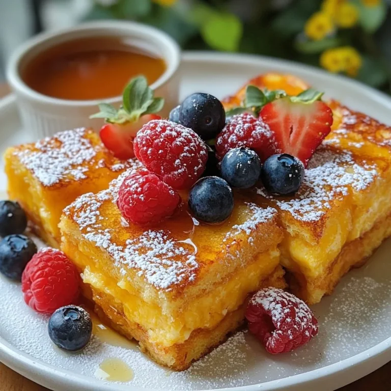 - 1 loaf of challah or brioche bread, cut into cubes - 6 large eggs - 2 cups whole milk - 1 cup heavy cream For this recipe, I love using challah or brioche. Their soft texture makes the casserole rich. You will need six large eggs to bind everything together. Whole milk adds creaminess, while heavy cream gives it a decadent touch. - 1/2 cup brown sugar - 1 tablespoon vanilla extract - 1 teaspoon ground cinnamon - 1/4 teaspoon nutmeg Brown sugar gives a deep sweetness. It also adds a nice caramel flavor. Vanilla extract is key for that classic taste. Ground cinnamon and nutmeg add warmth and spice, making the dish feel cozy. - 1 cup mixed berries (strawberries, blueberries, raspberries) - Maple syrup, for serving - Powdered sugar, for dusting Mixed berries balance the sweetness of the casserole. They add a bright flavor and color. I like to serve it with maple syrup for a sweet drizzle. A light sprinkle of powdered sugar on top makes it look fancy and inviting. {{ingredient_image_1}} 1. First, preheat your oven to 350°F (175°C). This step is key for perfect baking. 2. While it heats, grease a 9x13-inch baking dish. Use butter or non-stick spray for best results. 3. In a large mixing bowl, crack 6 large eggs. Add 2 cups of whole milk and 1 cup of heavy cream. 4. Stir in 1/2 cup of brown sugar, 1 tablespoon of vanilla extract, 1 teaspoon of ground cinnamon, 1/4 teaspoon of nutmeg, and a pinch of salt. Mix well until the sugar dissolves. 1. Next, take your loaf of challah or brioche bread. Cut it into cubes. 2. Place the bread cubes in the greased dish. Spread them out evenly for good soaking. 3. Now, pour the egg mixture over the bread. Gently press down to help the bread soak it up. 4. Scatter 1 cup of mixed berries on top. Press them slightly into the bread for flavor. 1. Cover the baking dish with aluminum foil. Let it sit in the fridge for at least 1 hour or overnight. This resting time helps the flavors blend. 2. When ready to bake, take the dish out. Let it rest at room temperature for about 10 minutes. 3. Bake it covered for 30 minutes. Then, remove the foil and bake for another 15-20 minutes. Look for a golden brown top. 4. Once baked, take it out and let it cool slightly. Dust with powdered sugar and serve with warm maple syrup. Enjoy your delicious French toast casserole! You can change the bread type for your casserole. Challah and brioche work best, but feel free to try sourdough or even whole wheat. Each bread adds a unique taste and texture. Adding spices or flavorings can also change the dish. For a warm touch, include more cinnamon or some vanilla bean. You can even add orange zest for a fresh kick. Mix and match these ideas to create your perfect dish. You can prepare this dish overnight. Just mix the bread and egg mixture and let it soak. This gives the bread time to absorb all the flavors. Cover the dish with foil and place it in the fridge. Before baking, let the casserole sit at room temperature for about 10 minutes. This ensures even cooking. If you're short on time, soaking for just one hour works too! Garnish your casserole with fresh berries on top. This adds color and makes it look inviting. A light dusting of powdered sugar adds a sweet touch. Serve the casserole warm with maple syrup on the side. This is a great way to make it special for guests. You can also cut it into squares for easy serving. These tips will impress everyone at your table! Pro Tips Use Day-Old Bread: Stale bread absorbs the custard mixture better, resulting in a creamier texture. Customize Your Berries: Feel free to mix and match different berries according to your preference or what’s in season. Make It Ahead: This casserole can be prepared the night before and stored in the fridge for an easy breakfast the next day. Serve Warm: For the best experience, serve the casserole warm with a drizzle of maple syrup and a dusting of powdered sugar. {{image_2}} You can switch up the fruit in your French toast casserole easily. Instead of mixed berries, try using different combinations. You can use just strawberries or blueberries. You can also add bananas or apples. Slice bananas thin and layer them on top of the bread. Apples should be diced and can be mixed in with the other fruit. This adds sweetness and texture. To change the flavor base, you have fun options. You can add chocolate chips for a sweet twist. Nuts, like walnuts or pecans, add crunch and taste. You can also use flavored syrups, like maple or vanilla. Just drizzle it over the top before baking. These small changes can make your dish unique and exciting. If you have dietary needs, you can adapt the recipe. Use gluten-free bread to make it safe for those with gluten issues. Many brands offer soft, tasty options. For those who avoid dairy, try almond milk or oat milk instead of whole milk. You can swap heavy cream with coconut cream. This keeps the dish rich without dairy. To keep your French toast casserole fresh, store any leftovers in the fridge. Place the casserole in an airtight container. This helps maintain its flavors and texture. You can also cover it tightly with plastic wrap or aluminum foil. If you want to freeze it, cut the casserole into pieces. Wrap each piece in plastic wrap. Place the wrapped pieces in a freezer-safe bag or container. This way, you can enjoy it later without losing taste. When reheating, you have two main options: the microwave or the oven. The microwave is quick but may make the casserole a bit soggy. Heat it in short bursts, about 30 seconds at a time. For a crispier texture, use the oven. Preheat the oven to 350°F (175°C). Place the casserole in an oven-safe dish. Cover it with foil to keep moisture in, then heat for about 15-20 minutes. Remove the foil for the last few minutes to crisp up the top. In the fridge, your leftovers last about 3-4 days. Always check for any changes in smell or look before eating. If it smells off or looks moldy, it’s best to toss it. Signs of spoilage include an unusual odor, a change in color, or a slimy texture. If you notice any of these, do not eat it. Stay safe and enjoy your delicious meals! For French toast casserole, I recommend using challah or brioche. These breads are soft and sweet, which makes them perfect for soaking up the egg mixture. The texture is light and fluffy when baked. You can also use sourdough or whole wheat bread if you want something different. Just keep in mind that denser breads may need more soaking time to absorb the mixture fully. Yes, you can prepare the casserole the night before! This is one of my favorite tips. After you assemble the casserole, cover it and place it in the fridge overnight. This helps the flavors blend and makes your morning easier. Just remember to take it out of the fridge about 10 minutes before baking. This way, it warms up a bit, and you get even cooking. Absolutely! You can freeze French toast casserole. To do this, prepare the dish but do not bake it. Cover it tightly with plastic wrap or foil and place it in the freezer. When you're ready to eat it, thaw it in the fridge overnight. Then, bake it as you normally would. This method keeps it fresh and delicious, so you can enjoy it later! This blog covered everything you need for a perfect French toast casserole. We explored main ingredients, sweeteners, and toppings you can use. The step-by-step instructions made it easy to follow along. Plus, customizing and storing tips help you adapt the dish to your taste. Remember, small changes can make a big difference. With so many variations, you can create a dish everyone will love. Enjoy making this tasty treat!